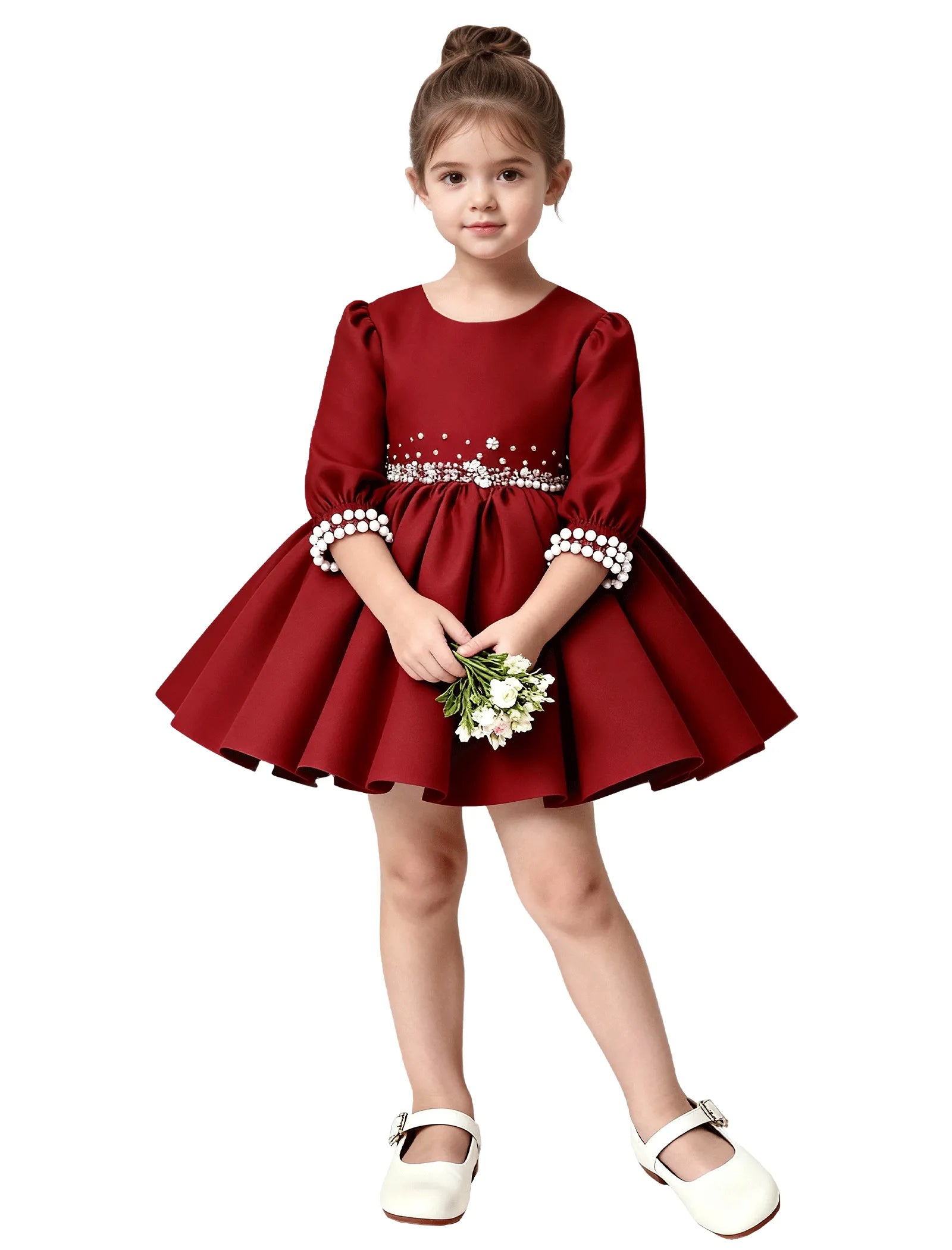 Girls Long Sleeve Satin Pearl Dress with Bow Back