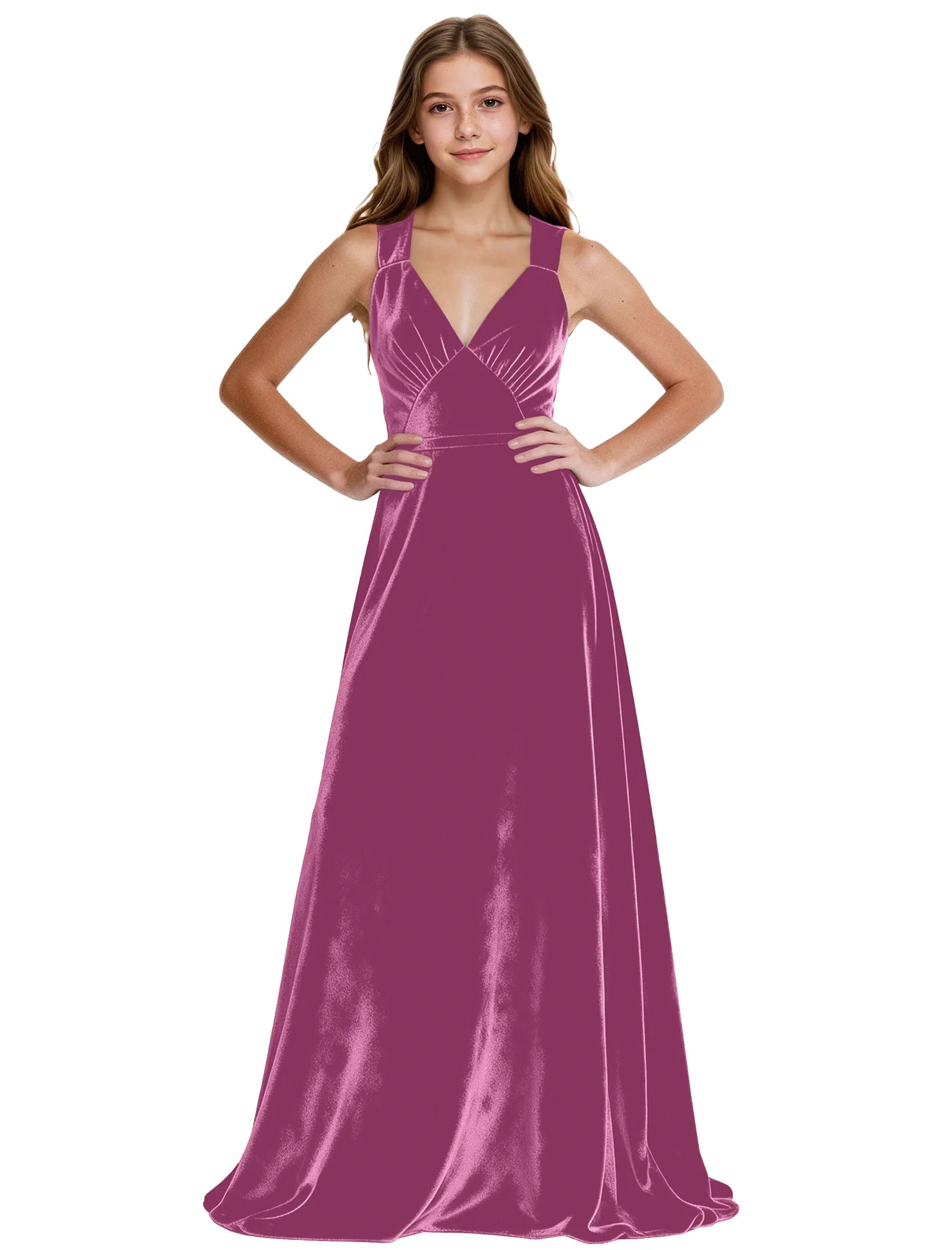 Girls Velvet A-Line Formal Gown with V-Neckline
