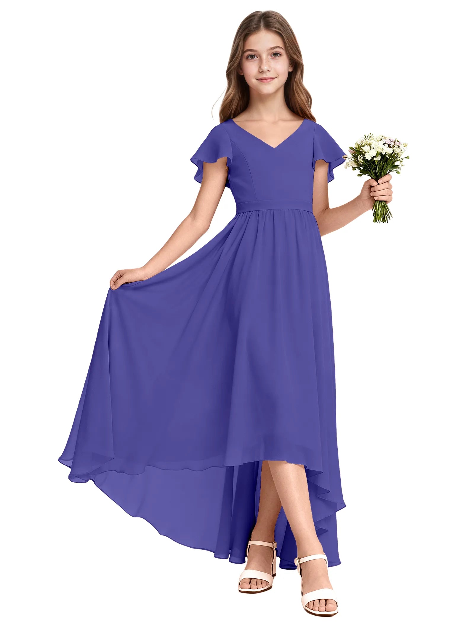 Girls Flutter Sleeve High Low Dress for Weddings