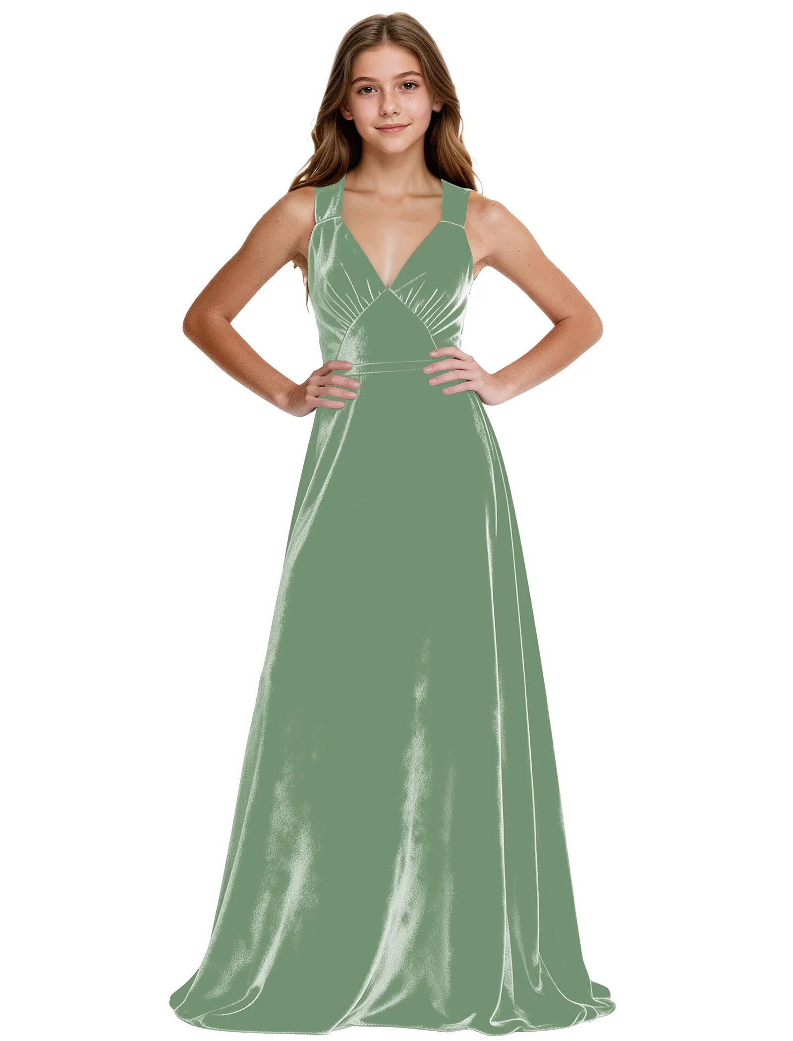 Girls Velvet A-Line Formal Gown with V-Neckline