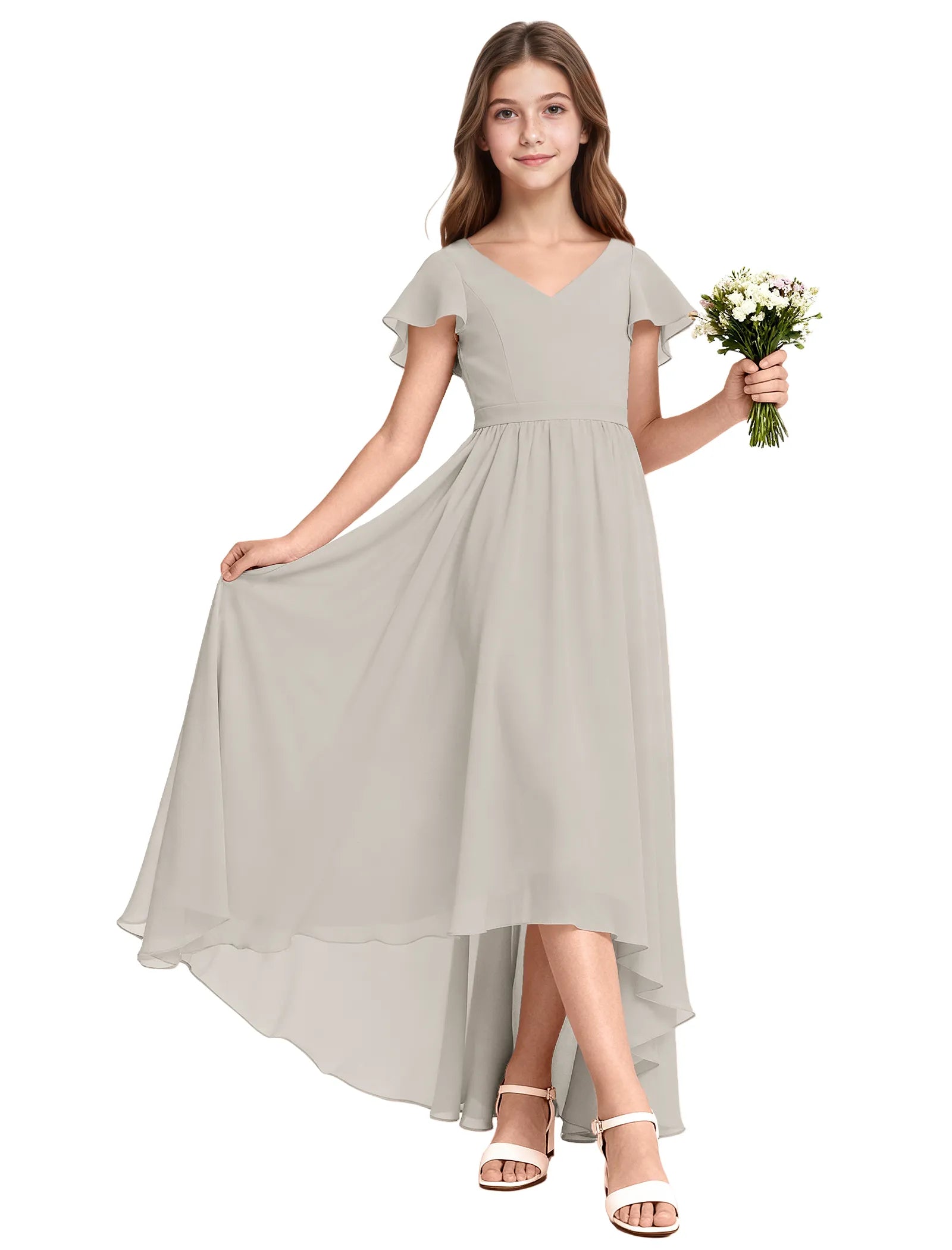 Girls Flutter Sleeve High Low Dress for Weddings