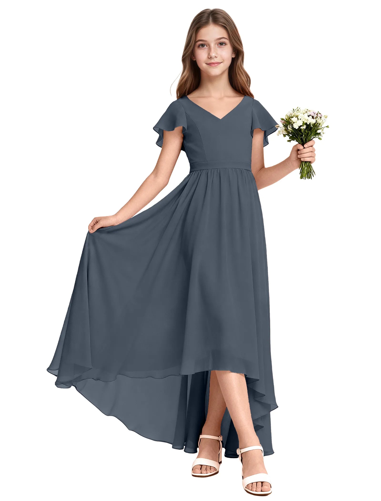 Girls Flutter Sleeve High Low Dress for Weddings