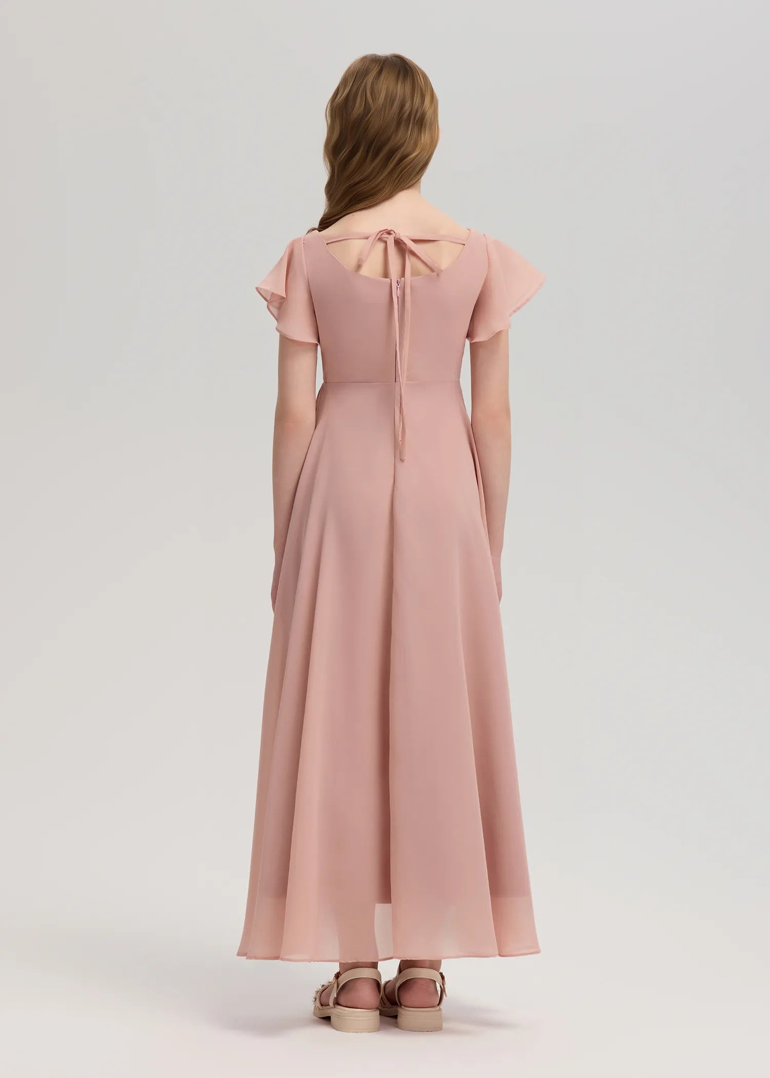 Square Neck Flutter Sleeve Chiffon Dress-[Pink]
