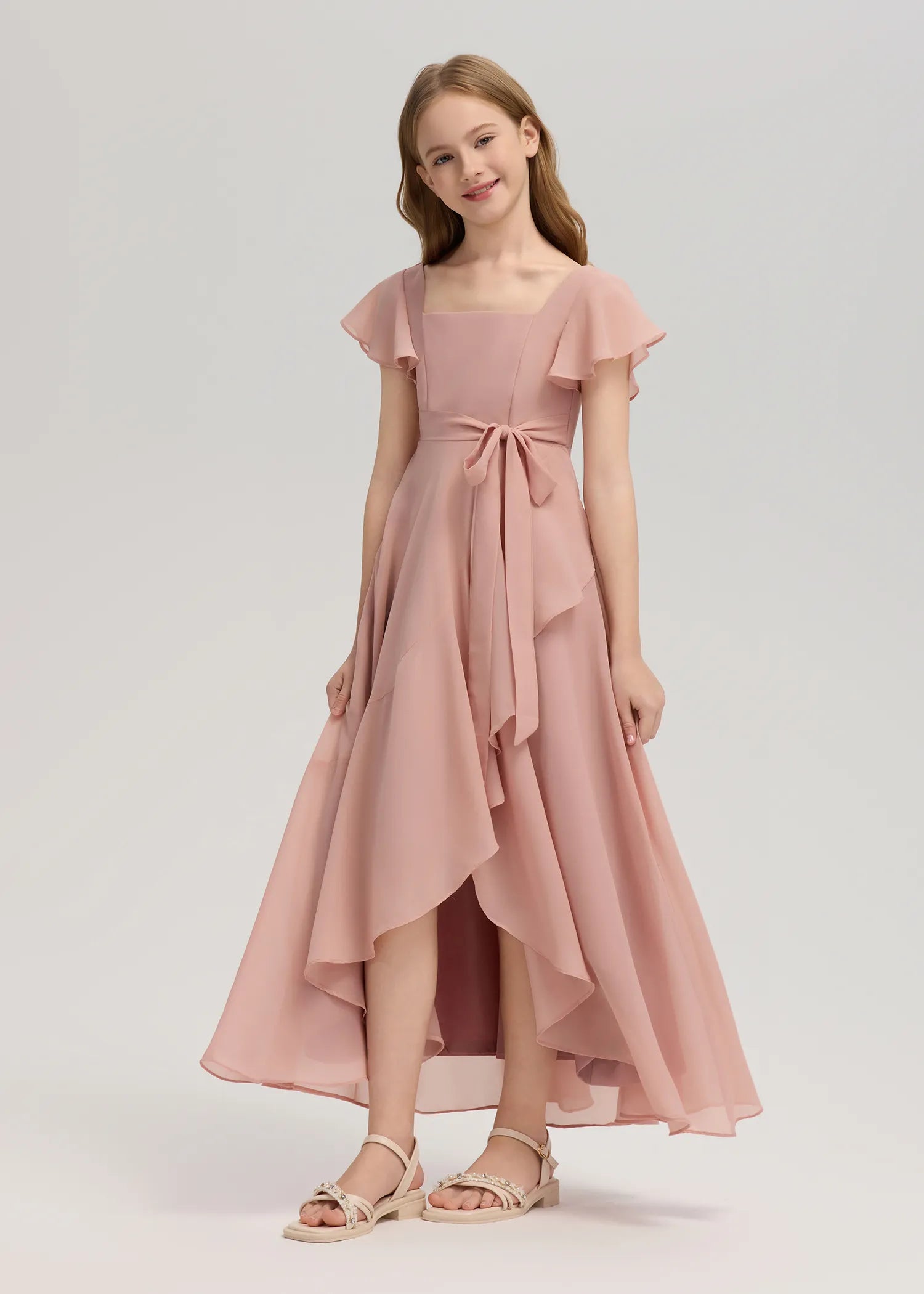 Square Neck Flutter Sleeve Chiffon Dress-[Pink]