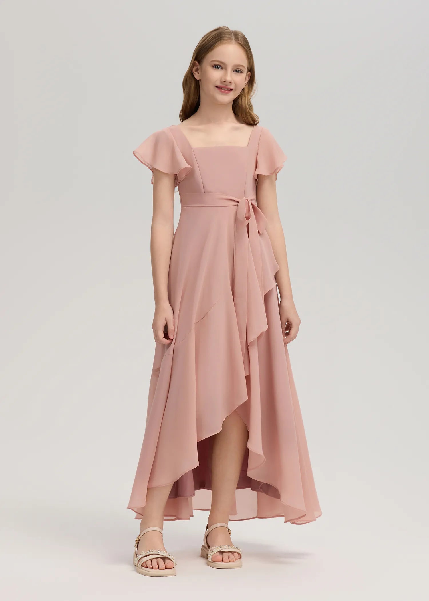 Square Neck Flutter Sleeve Chiffon Dress-[Pink]
