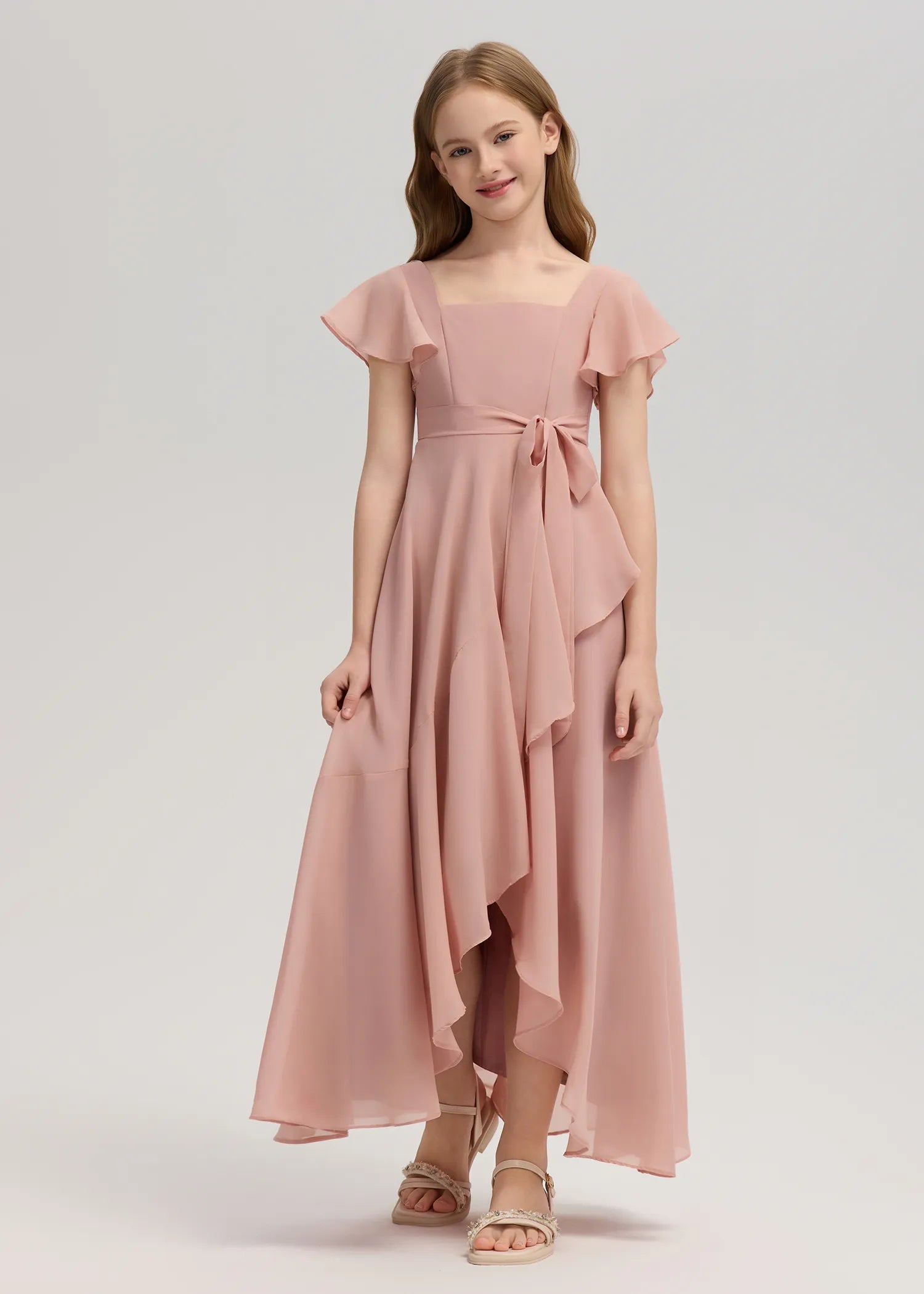 Square Neck Flutter Sleeve Chiffon Dress-[Pink]