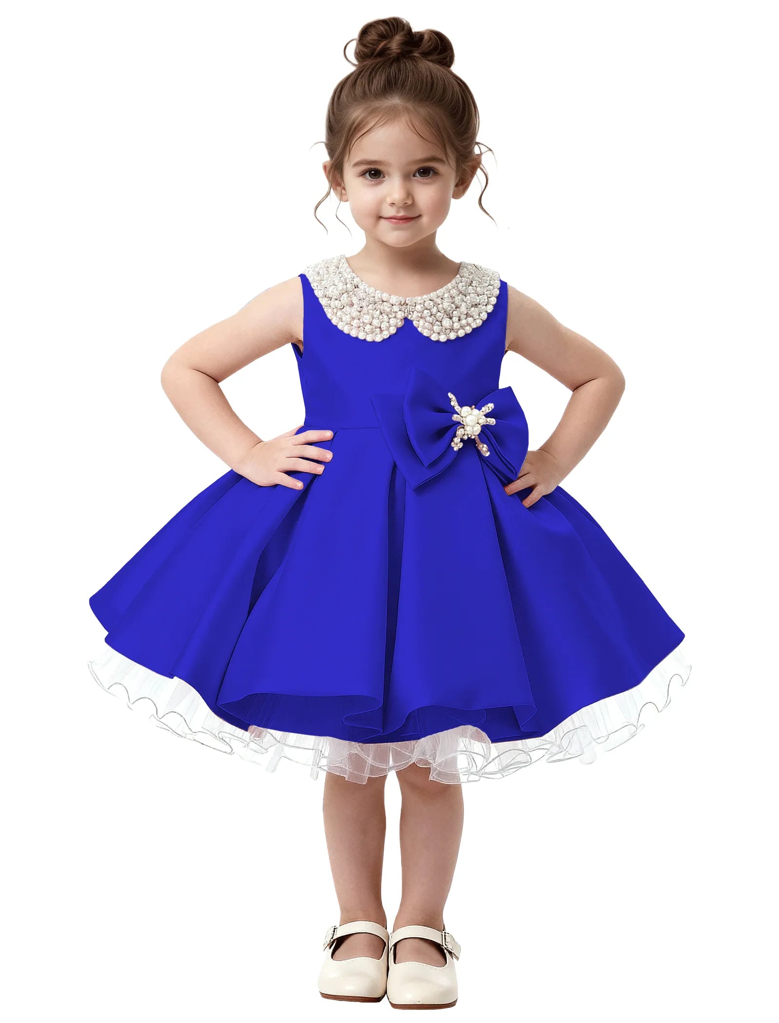 Pearl Collar Satin Flower Girl Dress with Big Bow