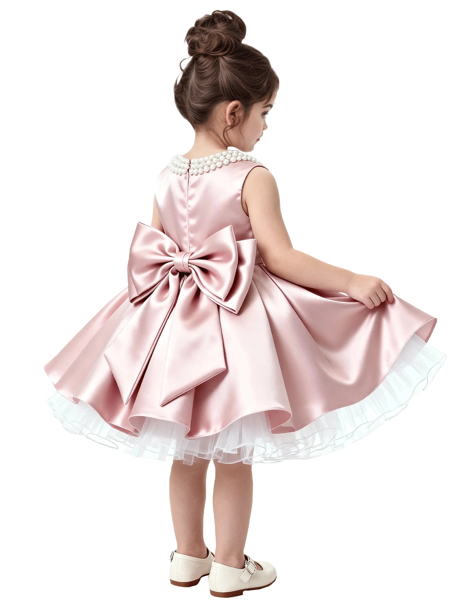 Pearl Collar Satin Flower Girl Dress with Big Bow