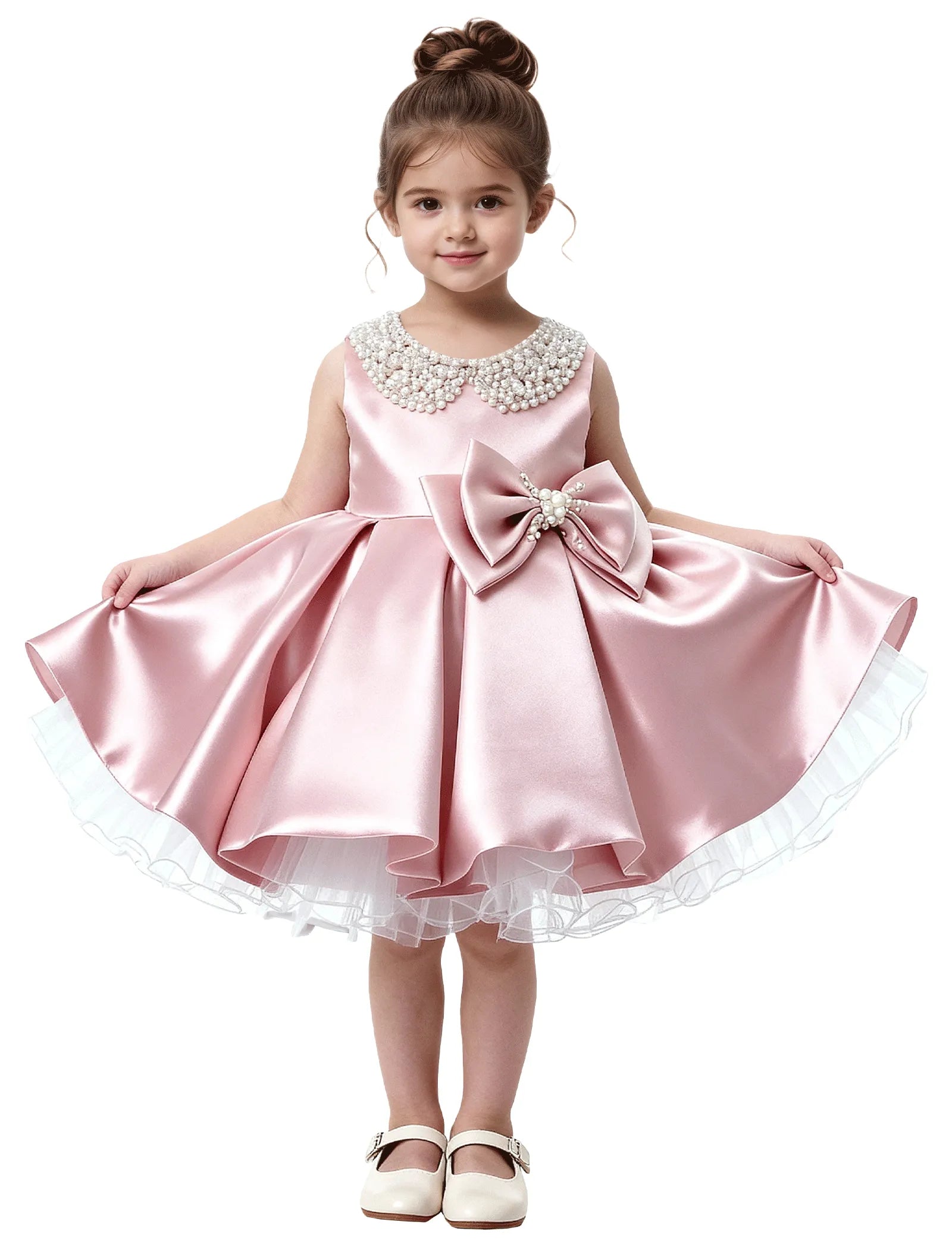 Pearl Collar Satin Flower Girl Dress with Big Bow