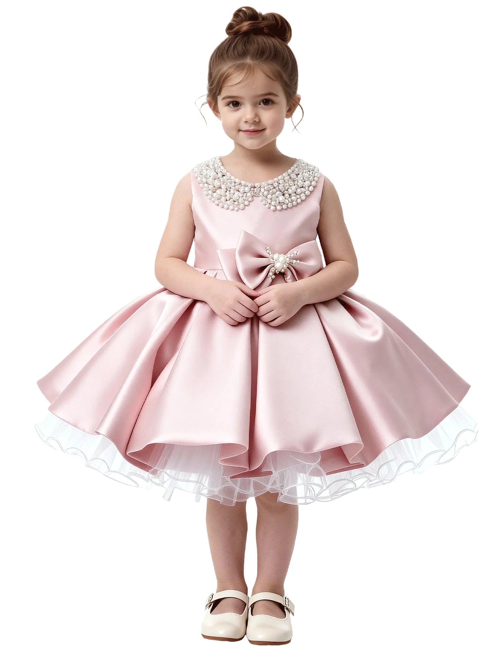 Pearl Collar Satin Flower Girl Dress with Big Bow