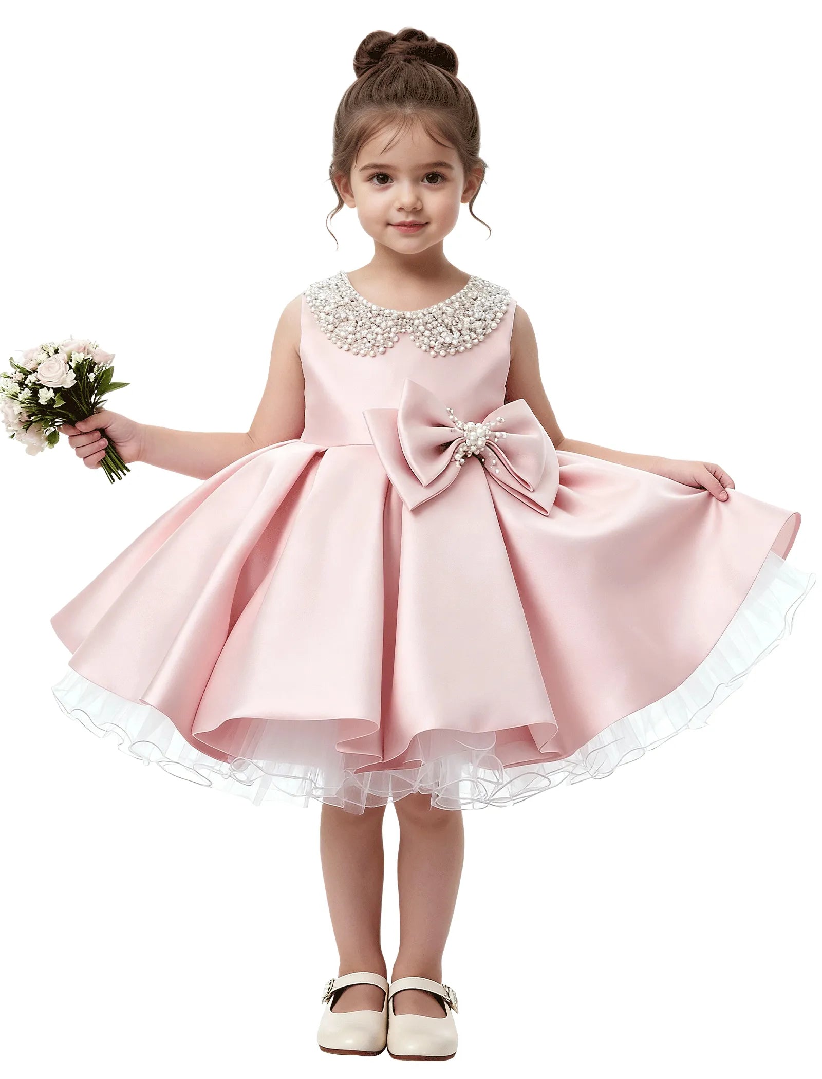 Pearl Collar Satin Flower Girl Dress with Big Bow