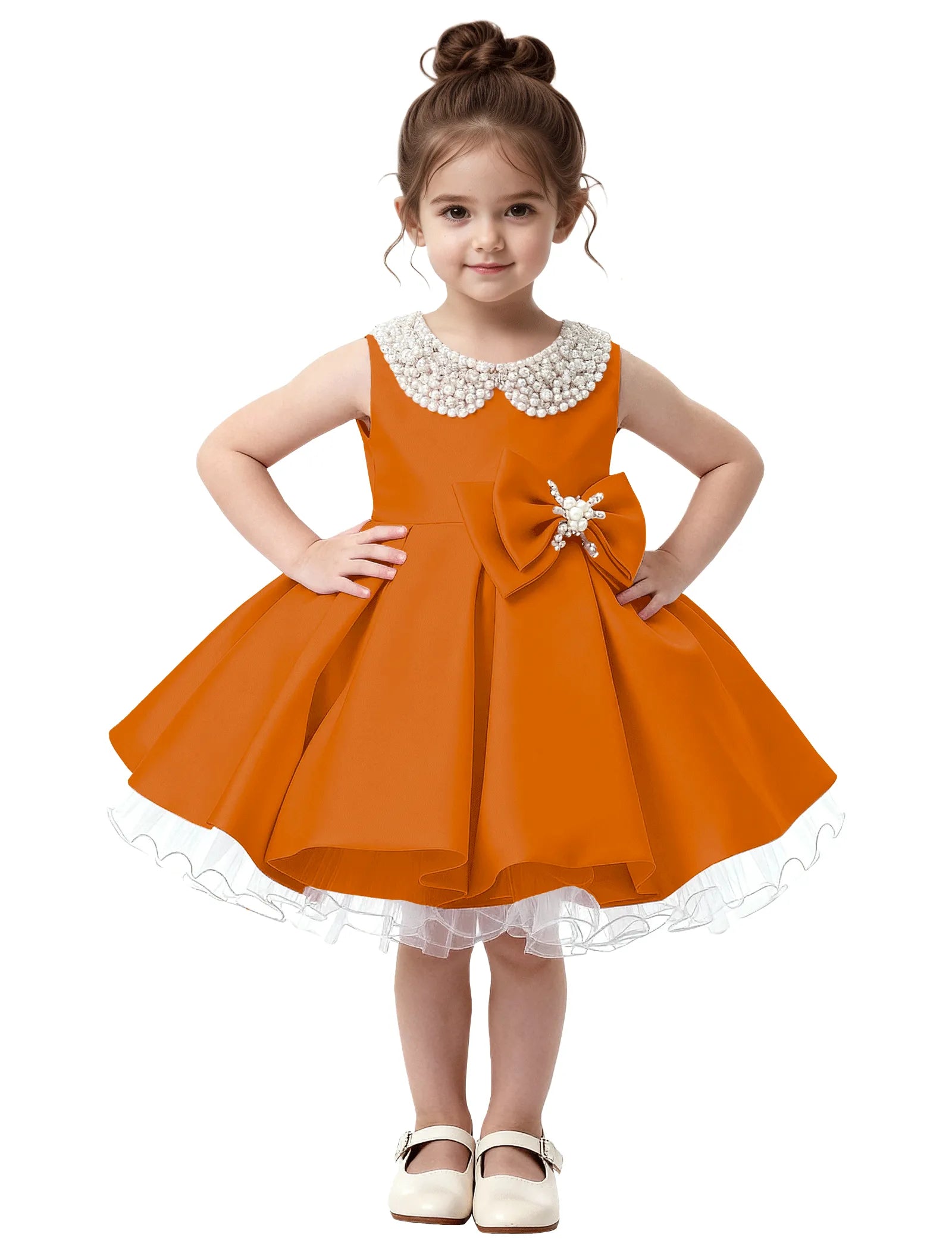 Pearl Collar Satin Flower Girl Dress with Big Bow