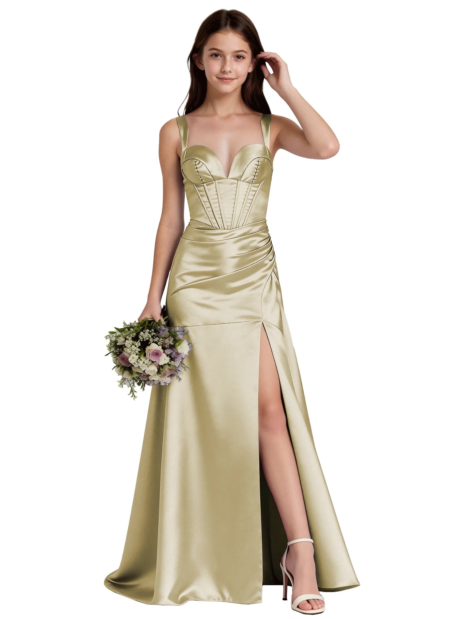 Shiny A-Line Satin Dress With Bustier Bodice for Girls