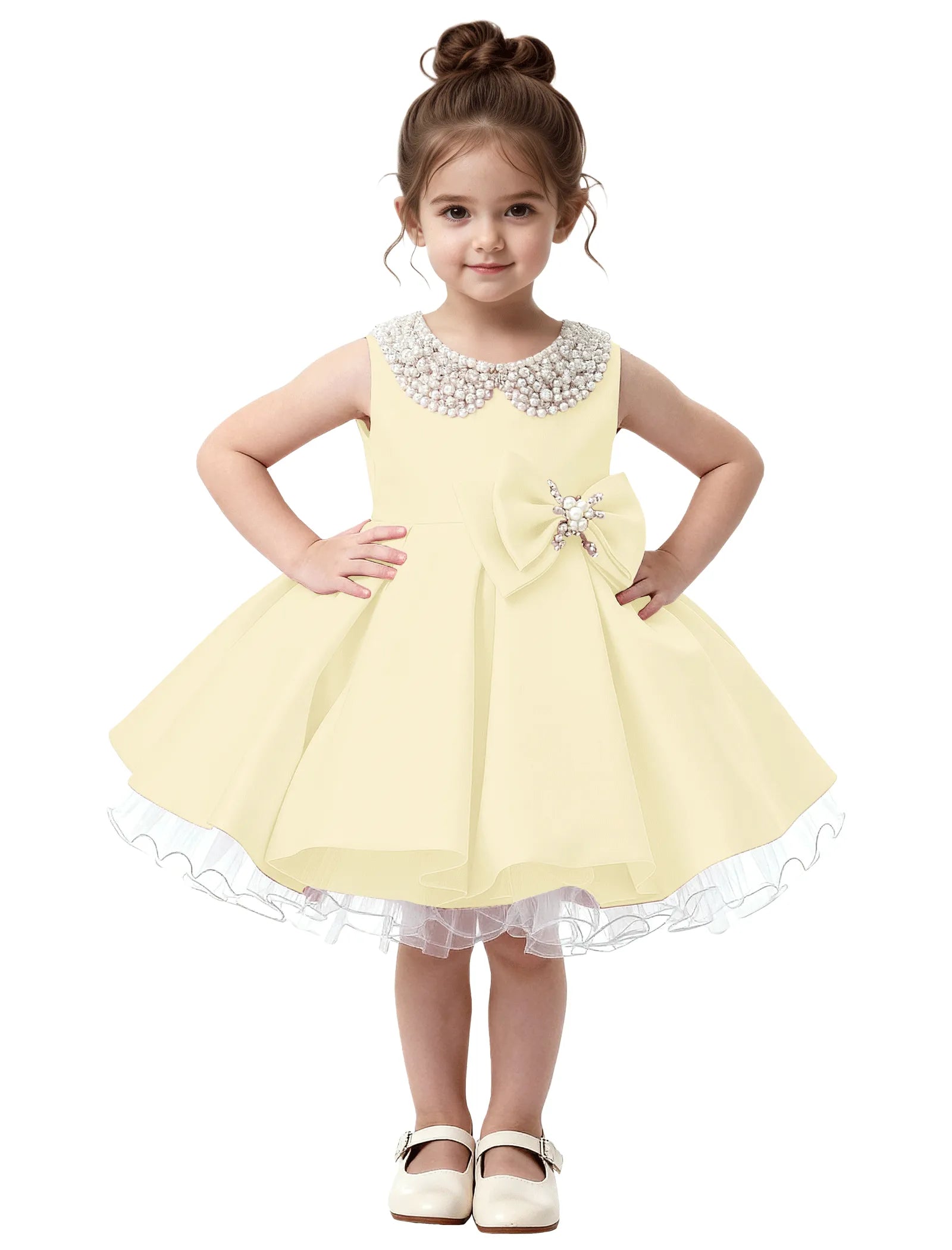 Pearl Collar Satin Flower Girl Dress with Big Bow