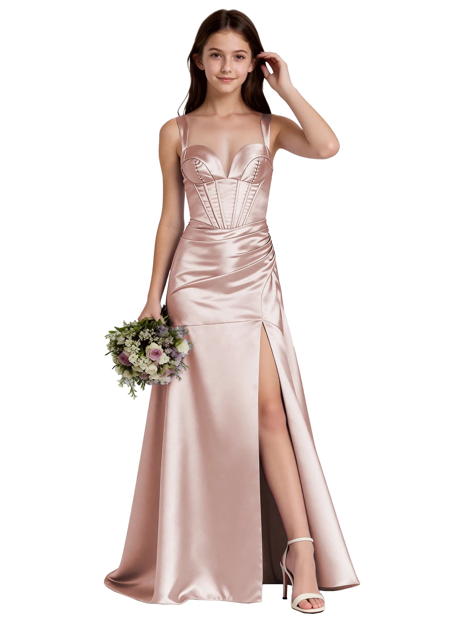 Shiny A-Line Satin Dress With Bustier Bodice for Girls