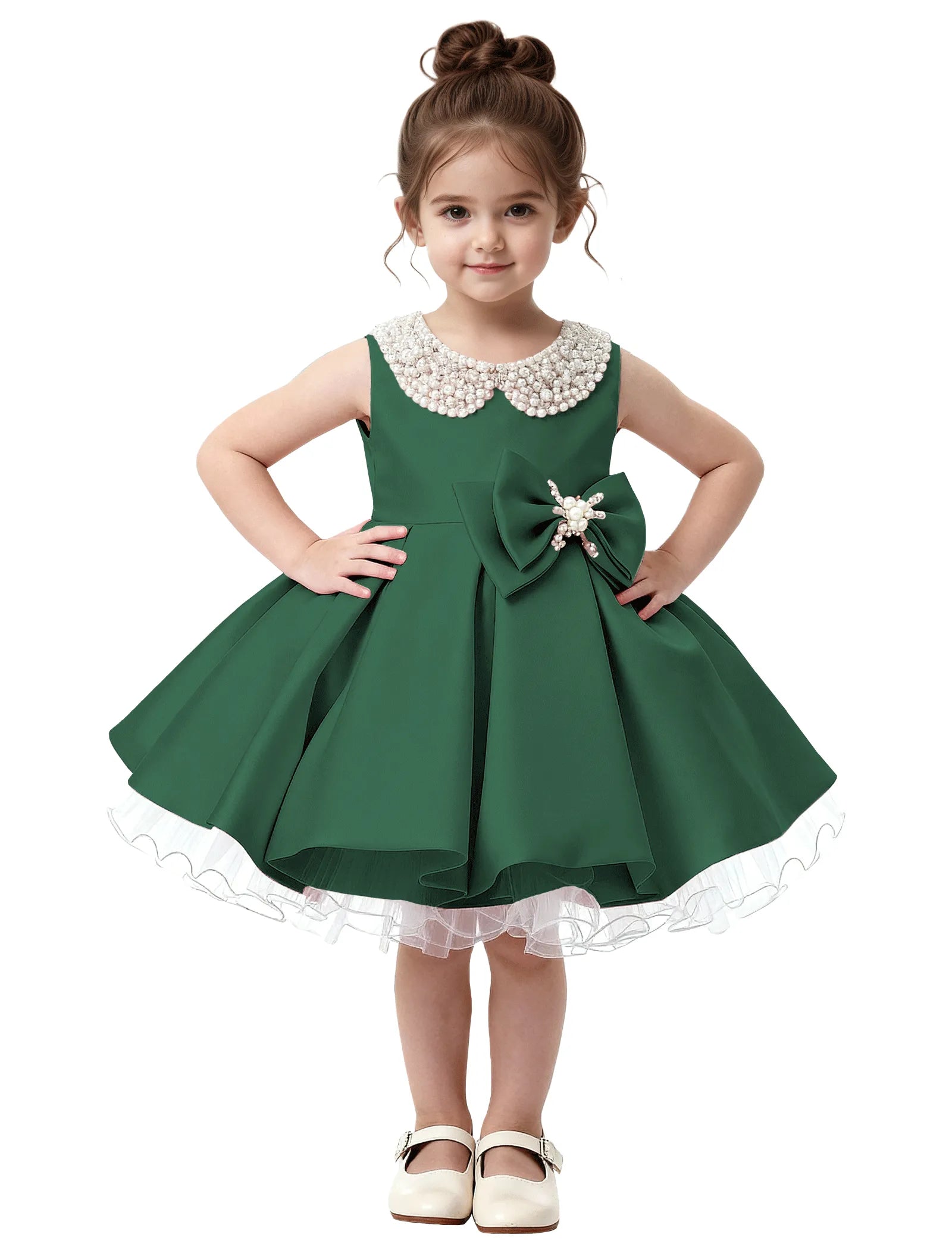 Pearl Collar Satin Flower Girl Dress with Big Bow