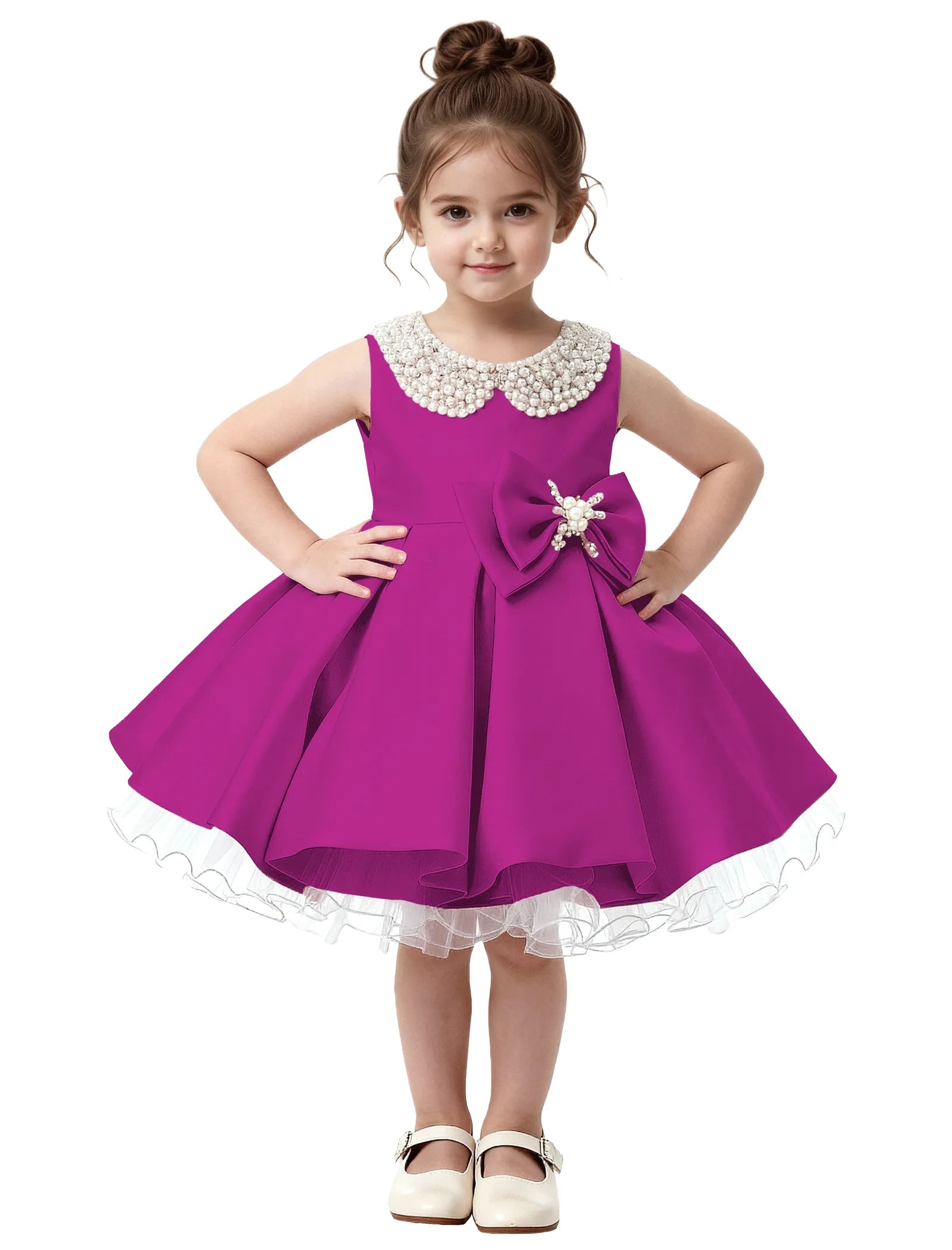 Pearl Collar Satin Flower Girl Dress with Big Bow