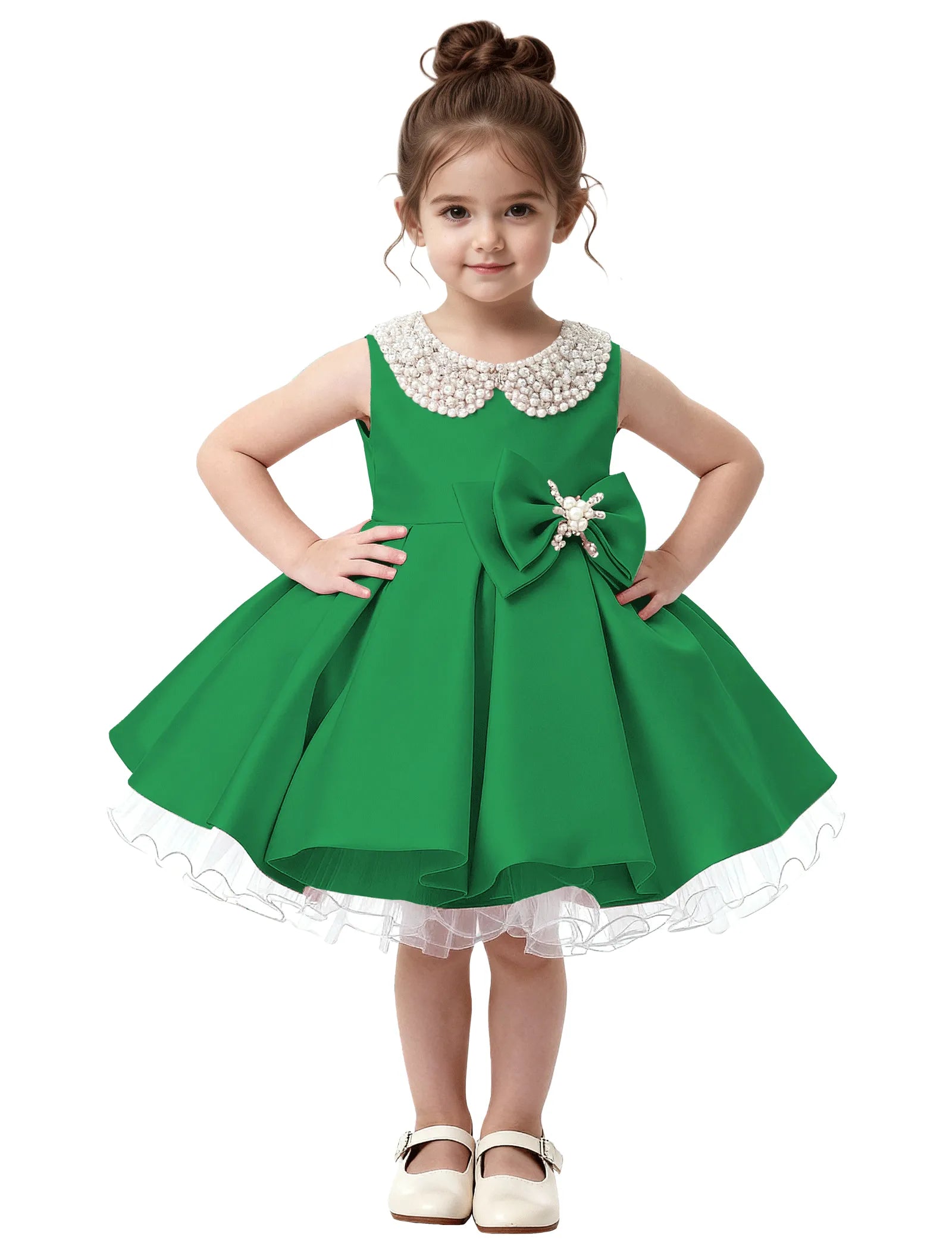 Pearl Collar Satin Flower Girl Dress with Big Bow