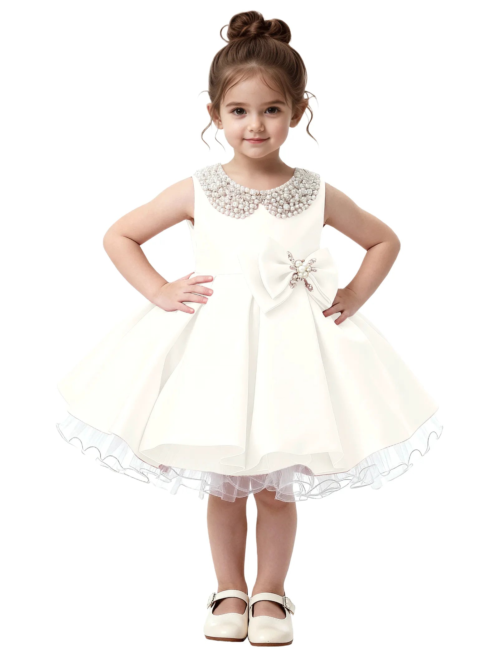 Pearl Collar Satin Flower Girl Dress with Big Bow