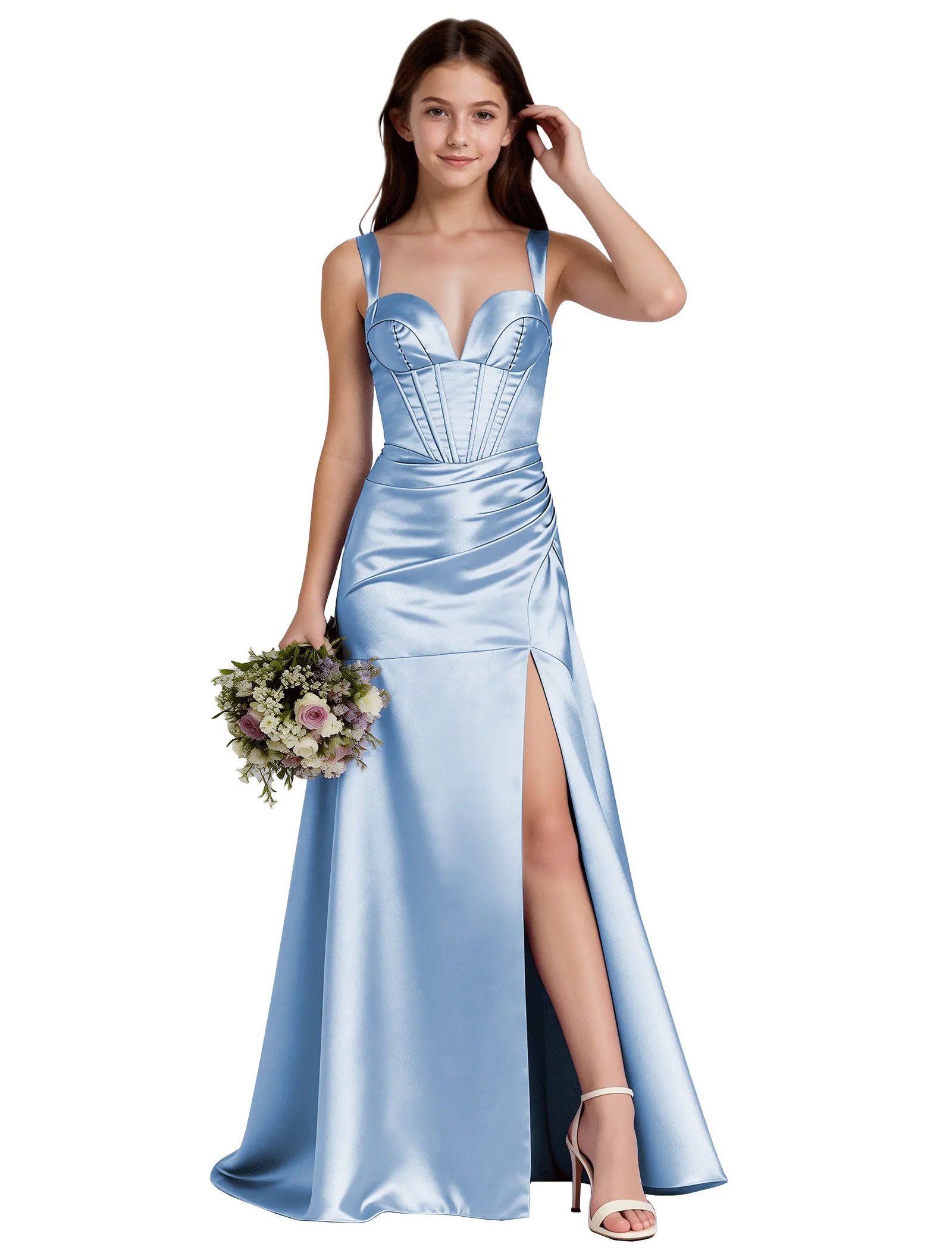 Shiny A-Line Satin Dress With Bustier Bodice for Girls