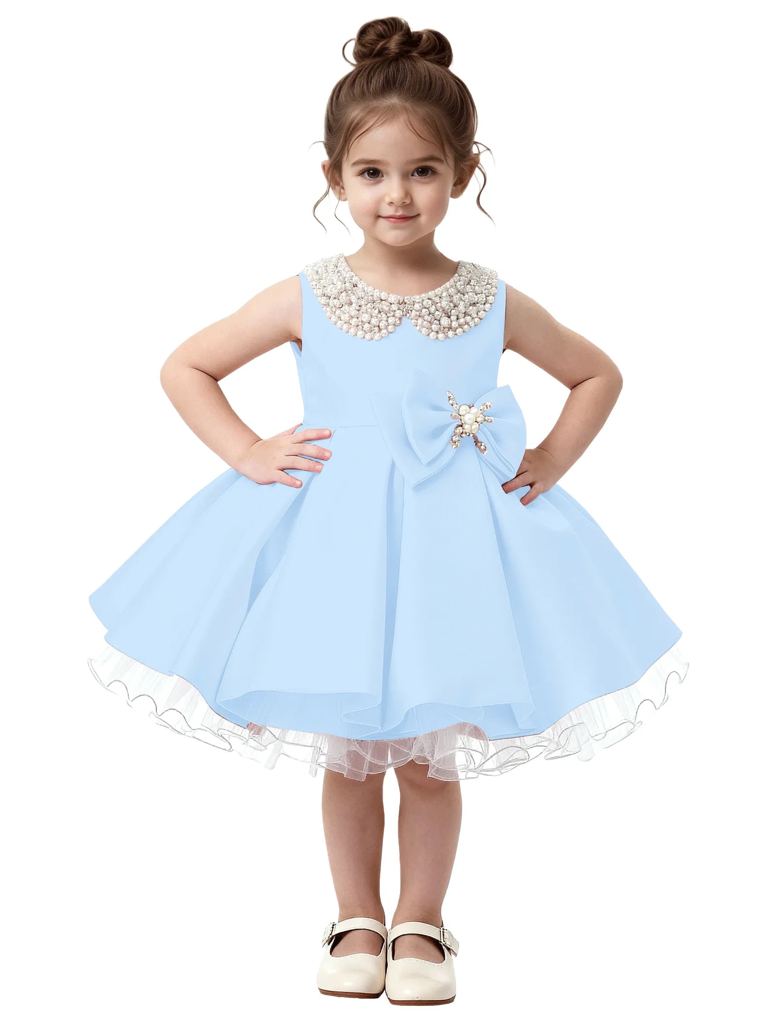 Pearl Collar Satin Flower Girl Dress with Big Bow