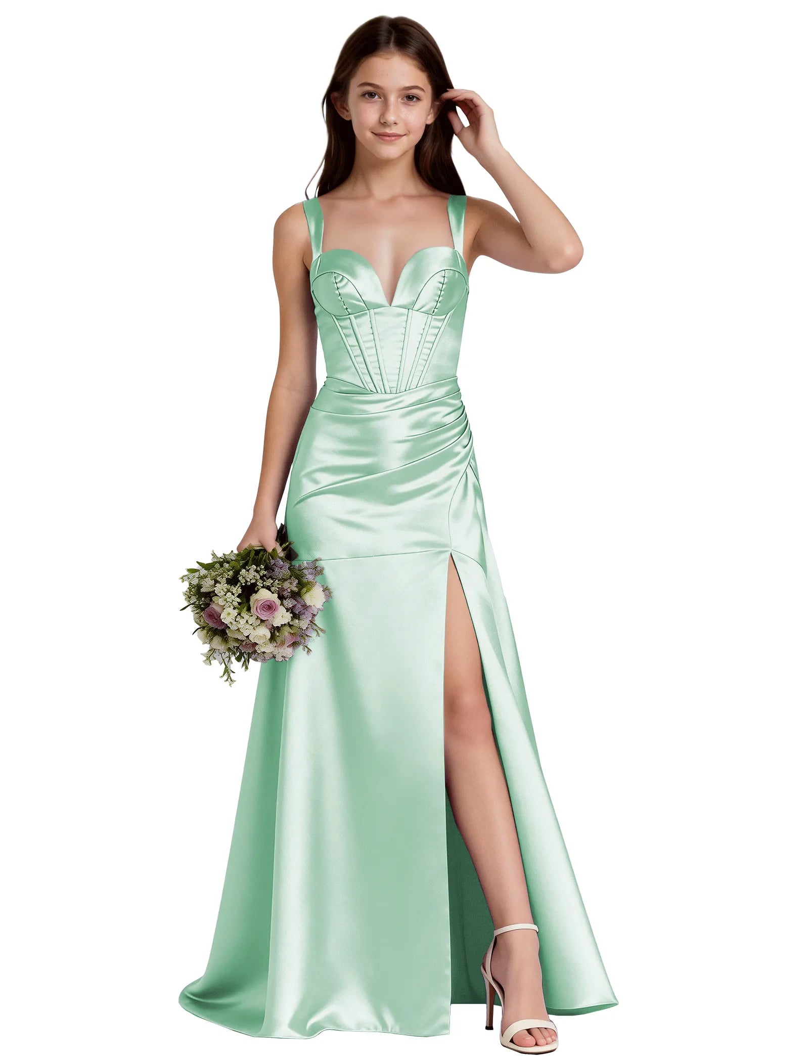 Shiny A-Line Satin Dress With Bustier Bodice for Girls
