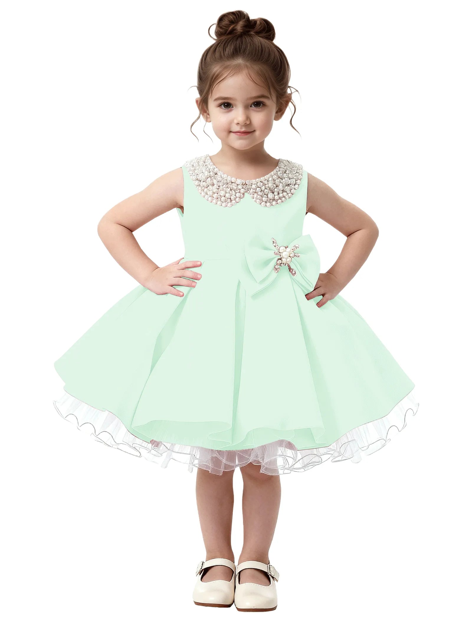 Pearl Collar Satin Flower Girl Dress with Big Bow