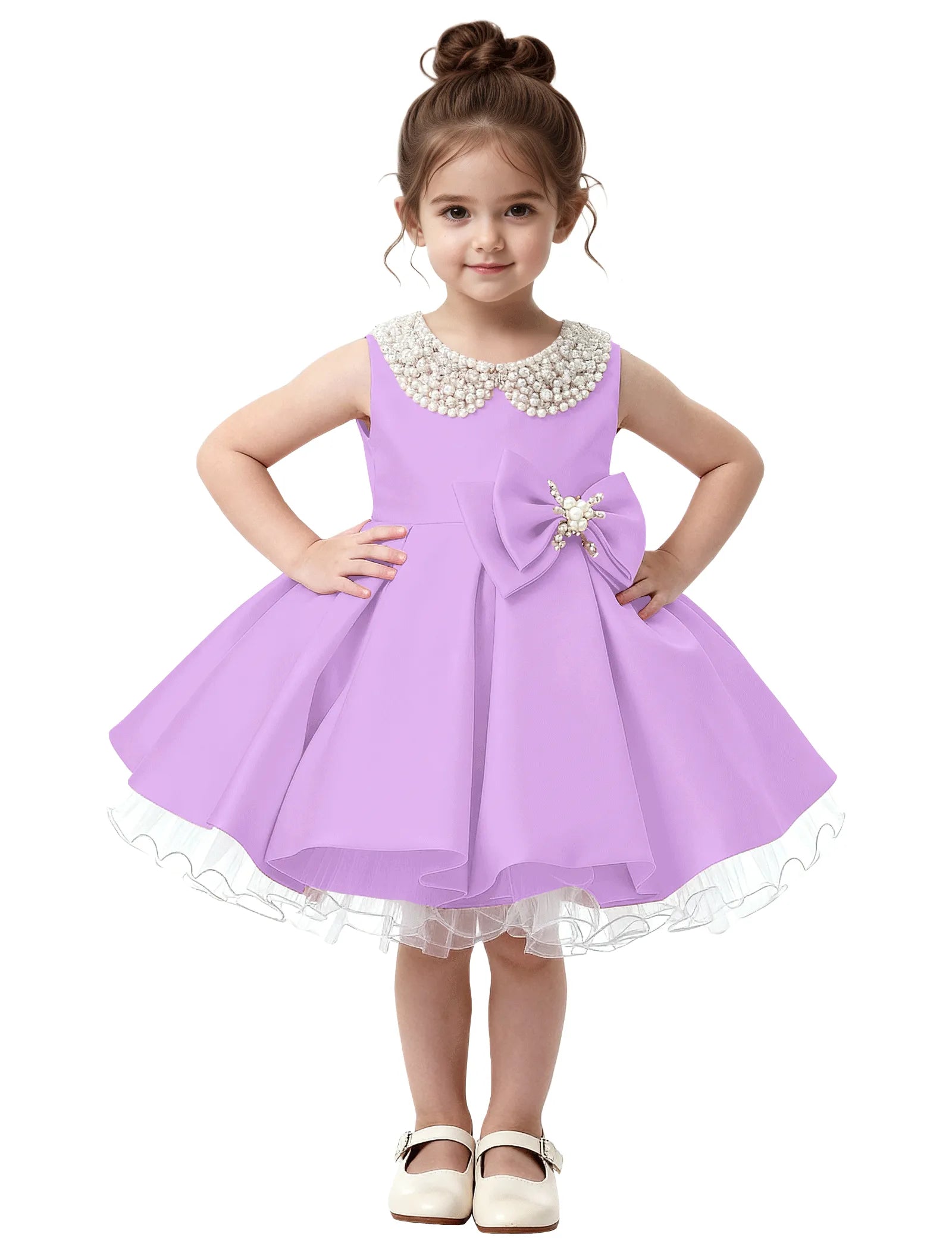 Pearl Collar Satin Flower Girl Dress with Big Bow