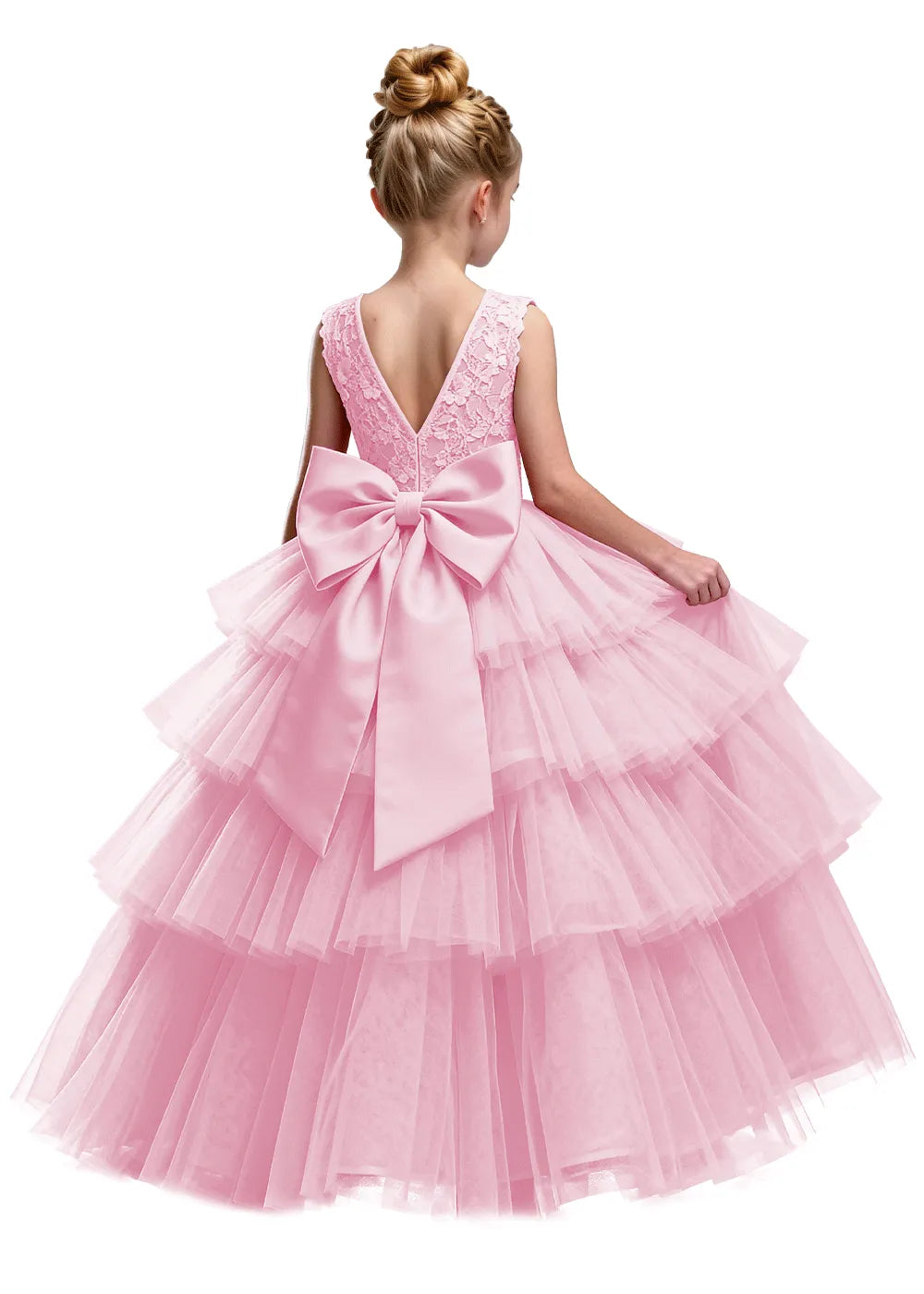Floral Lace Kids Party Dress with Tiered Skirt