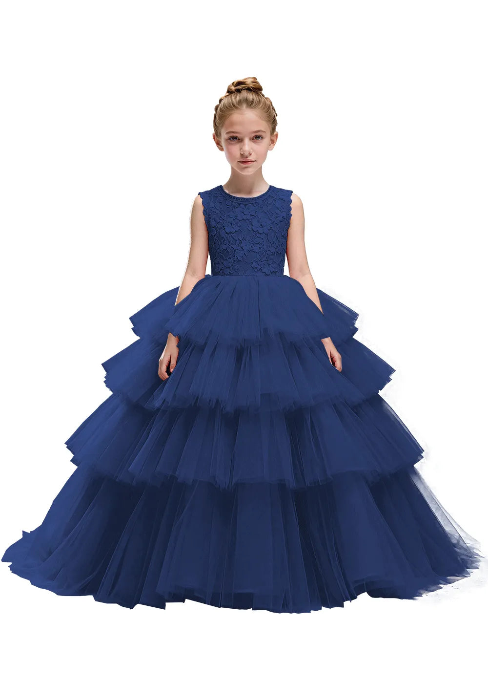 Floral Lace Kids Party Dress with Tiered Skirt