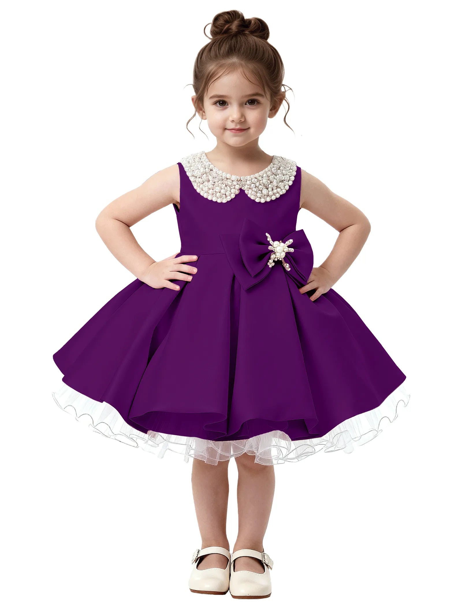 Pearl Collar Satin Flower Girl Dress with Big Bow