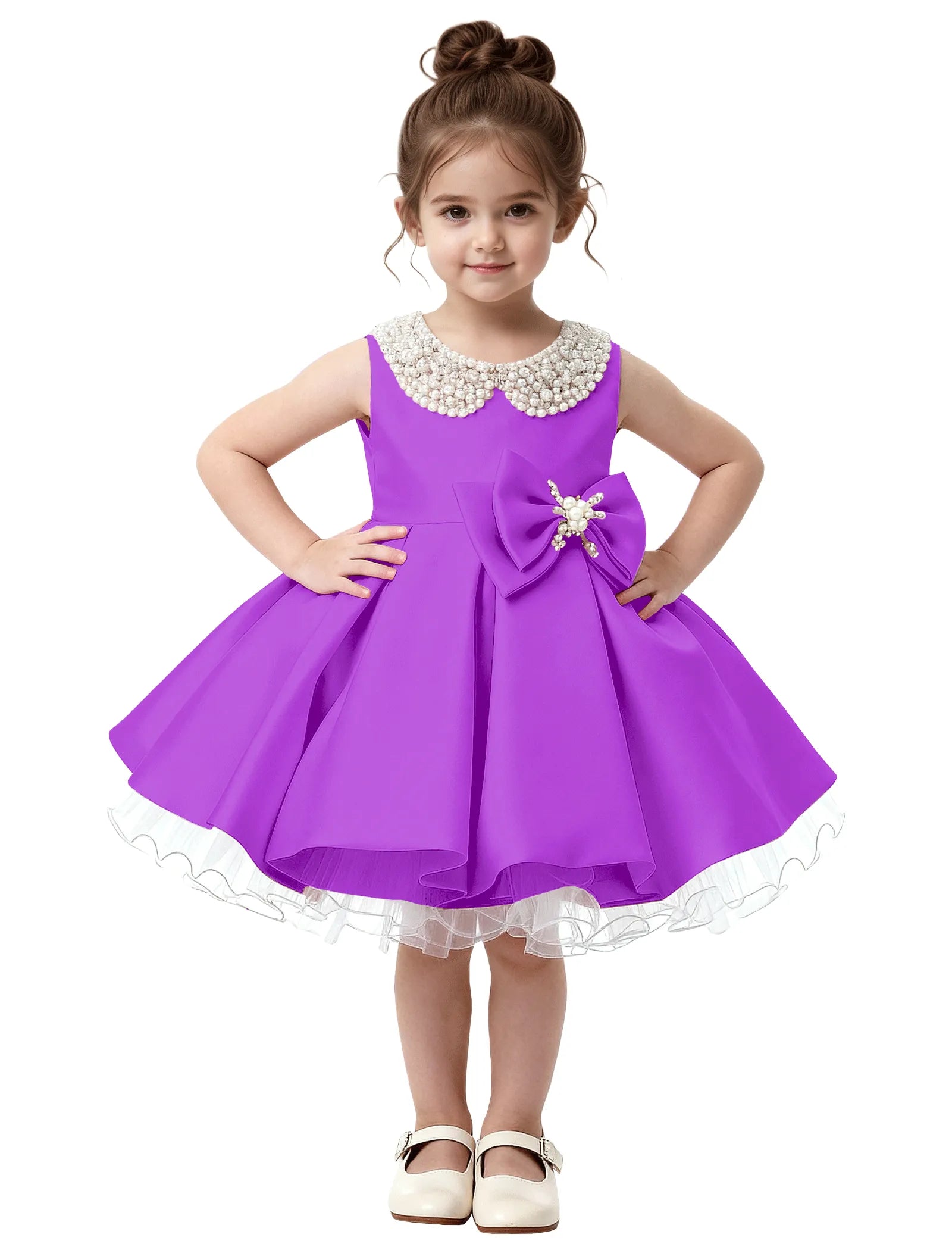Pearl Collar Satin Flower Girl Dress with Big Bow