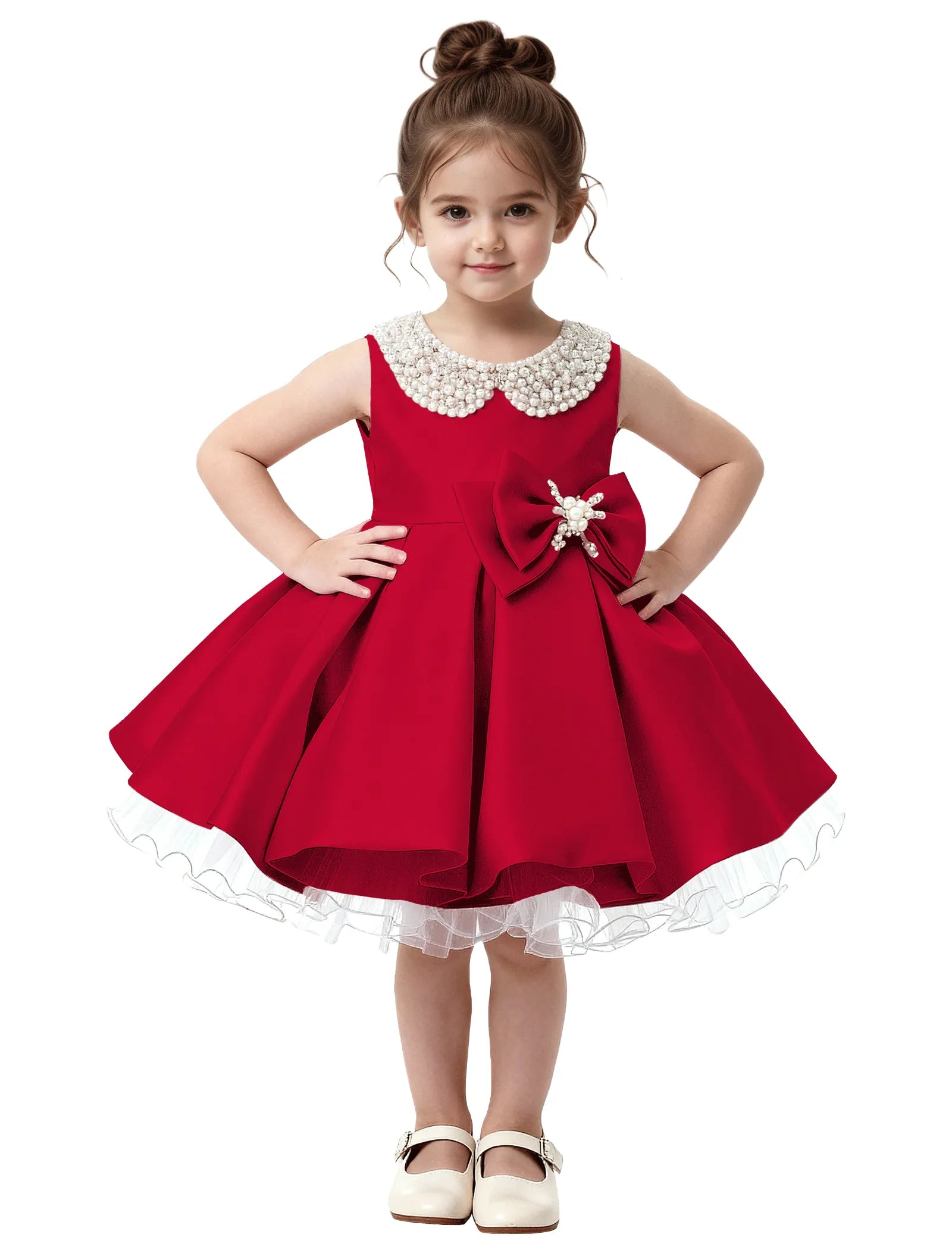 Pearl Collar Satin Flower Girl Dress with Big Bow