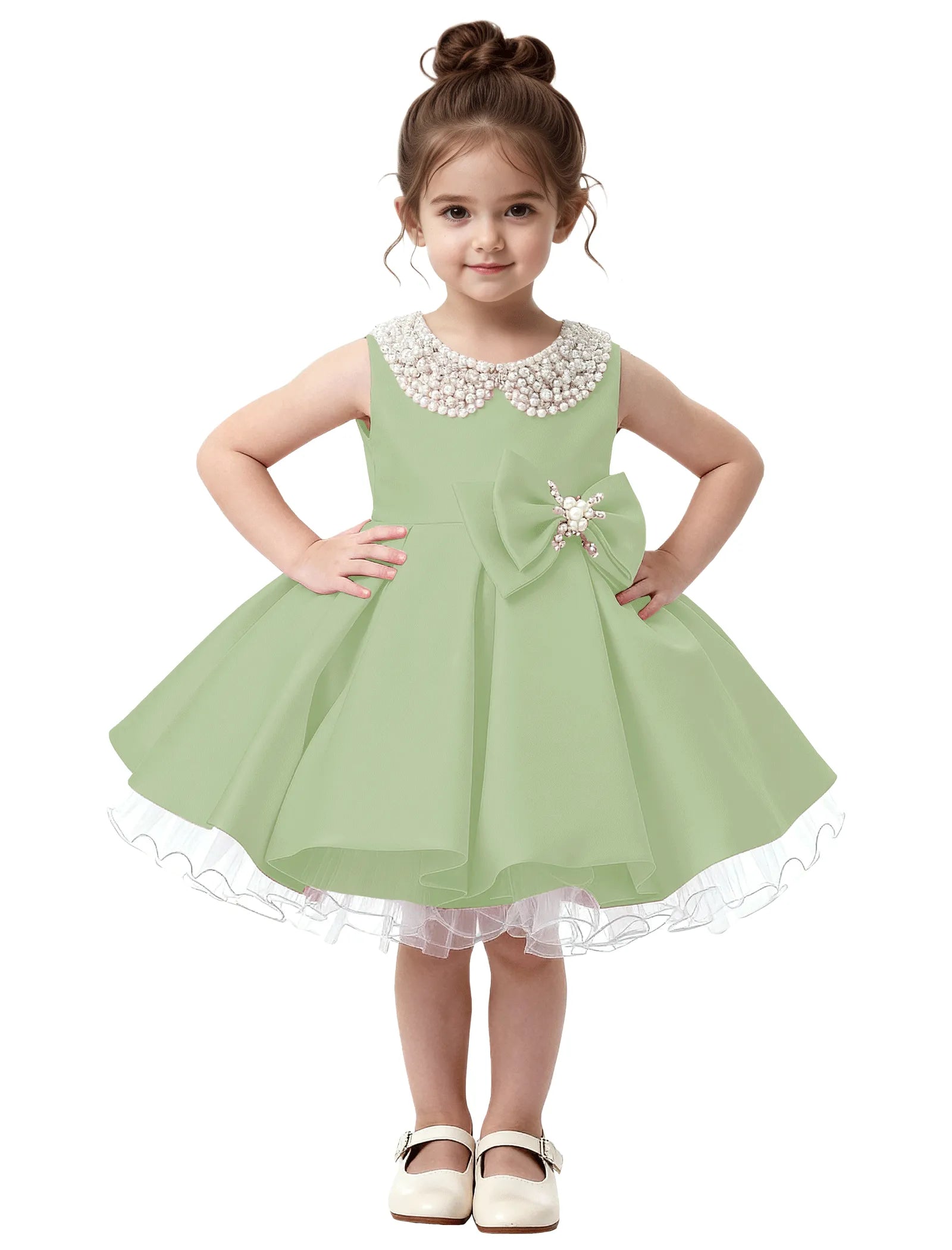 Pearl Collar Satin Flower Girl Dress with Big Bow