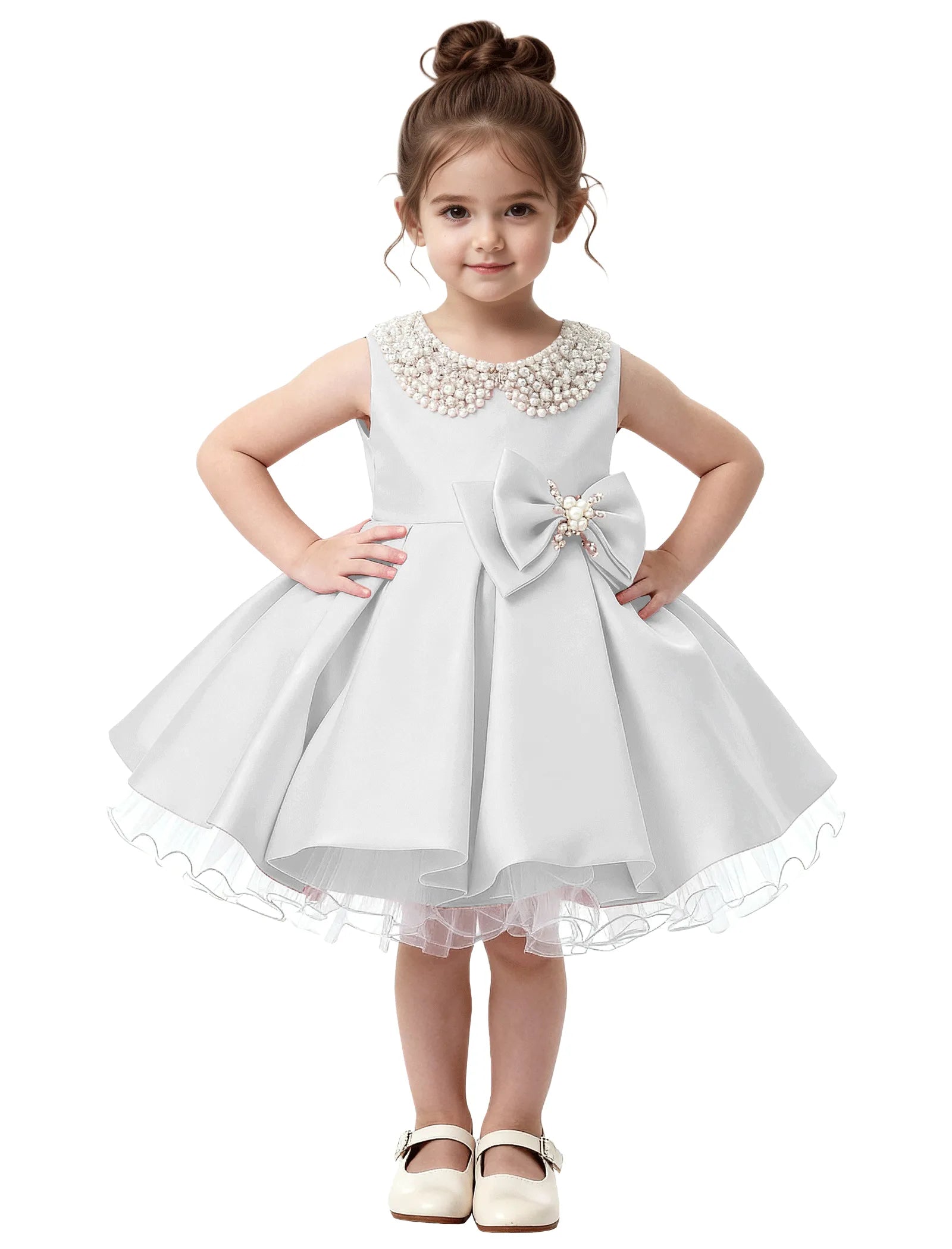 Pearl Collar Satin Flower Girl Dress with Big Bow