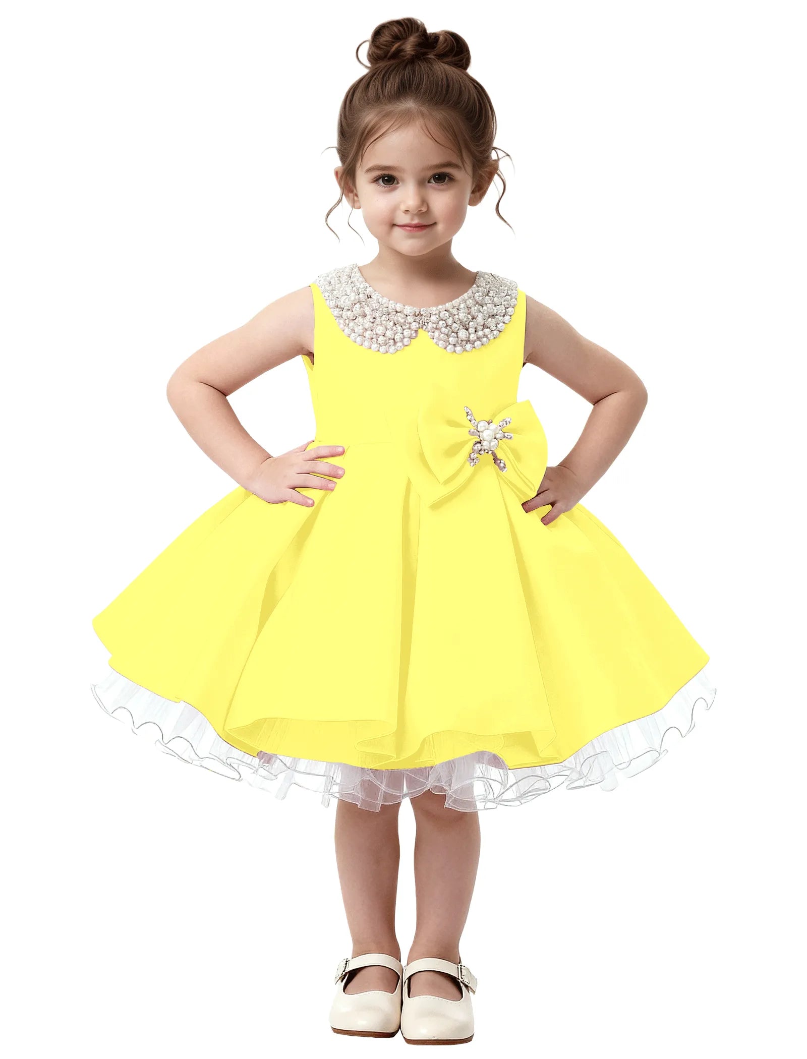 Pearl Collar Satin Flower Girl Dress with Big Bow