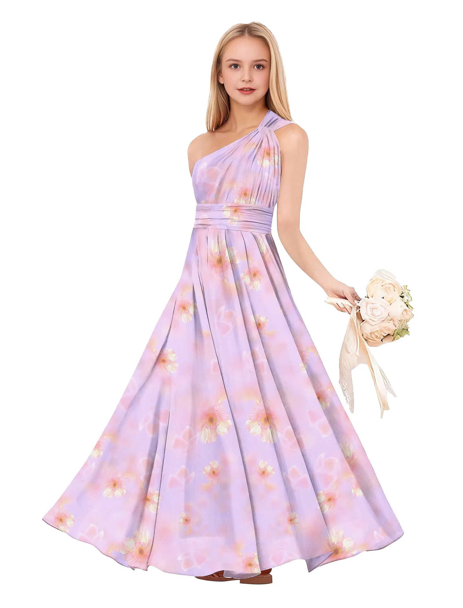 Junior Bridesmaid Floral Gown with Elegant Pleats