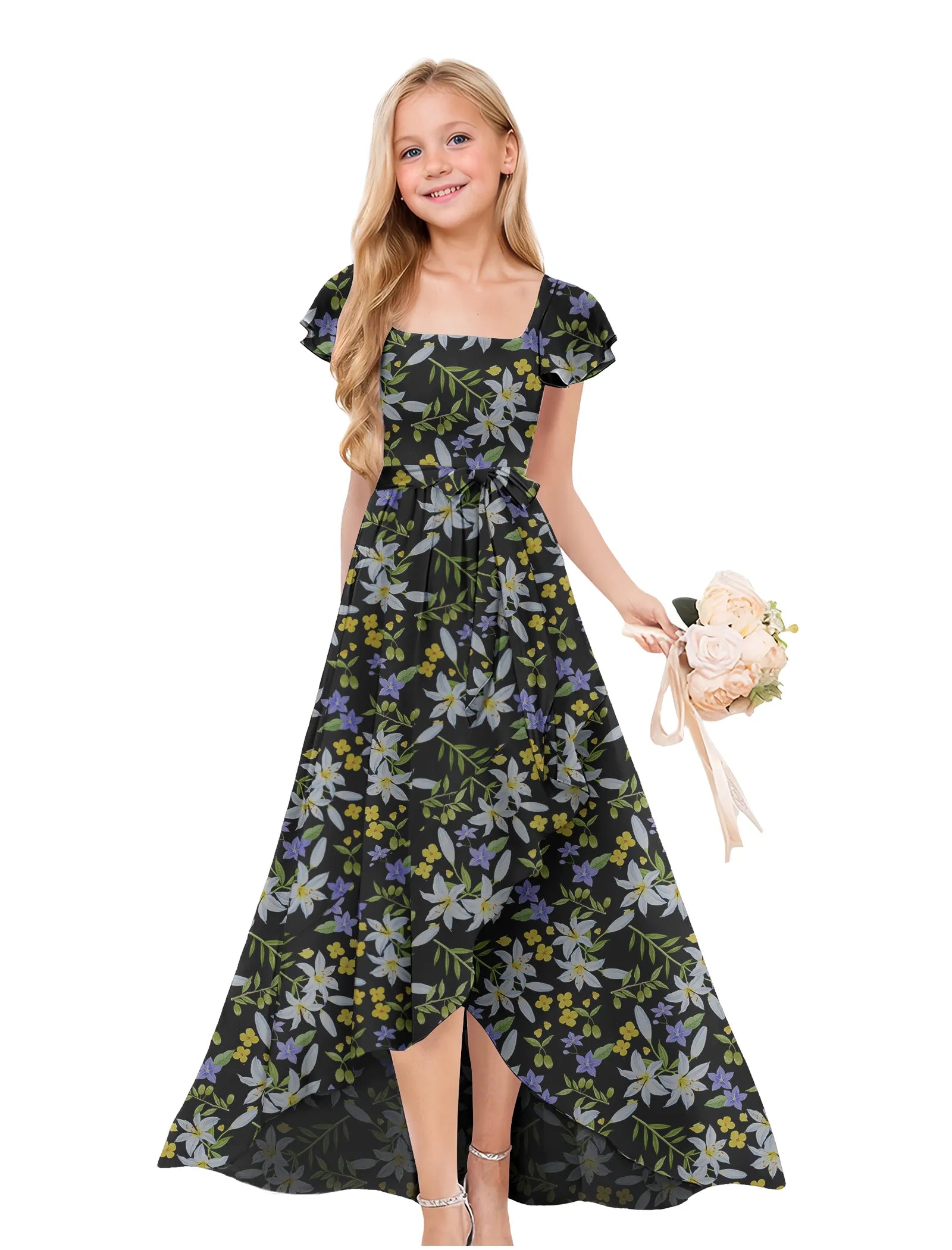 Square Neck Junior Bridesmaid Dress with Garden Print