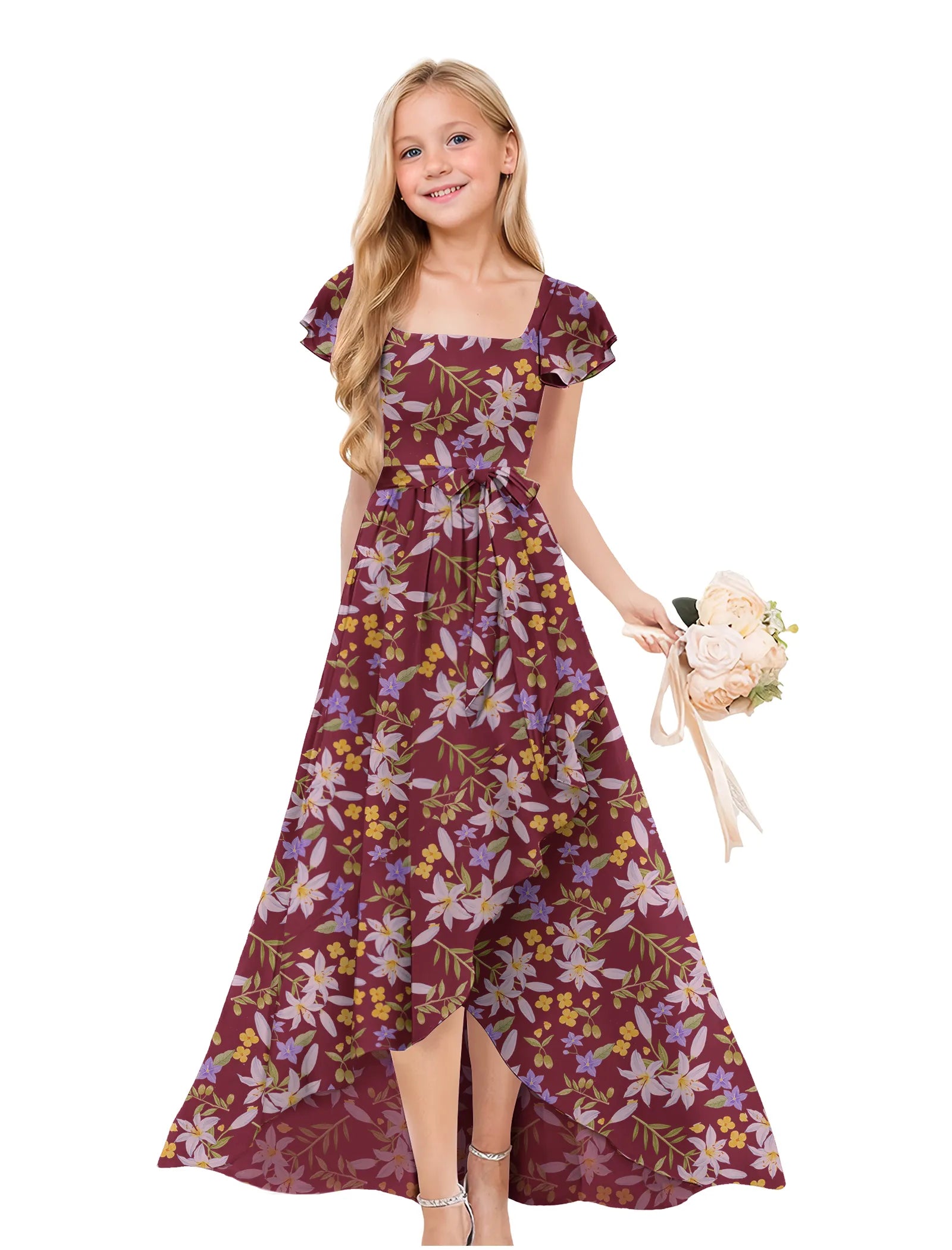 Square Neck Junior Bridesmaid Dress with Garden Print