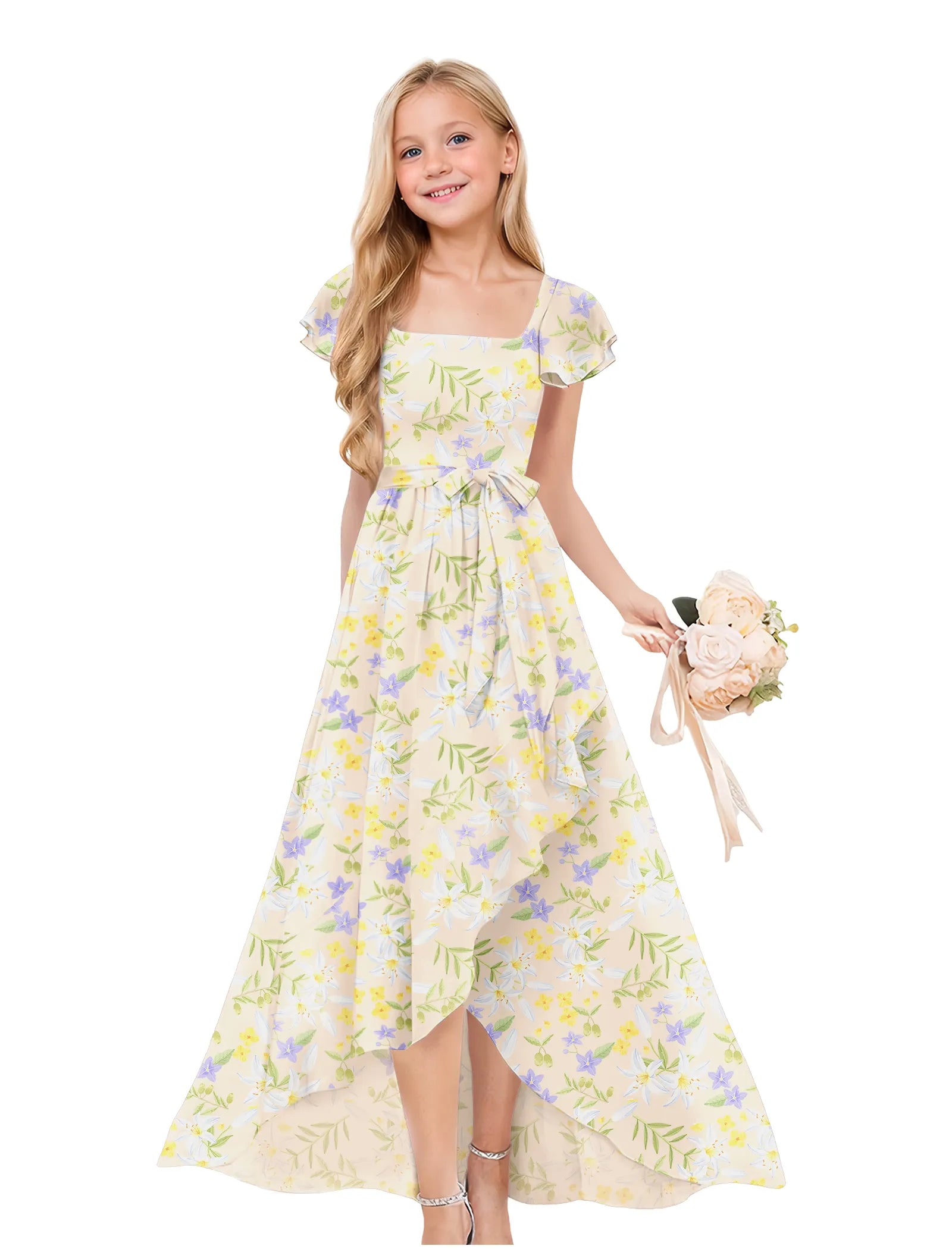 Square Neck Junior Bridesmaid Dress with Garden Print