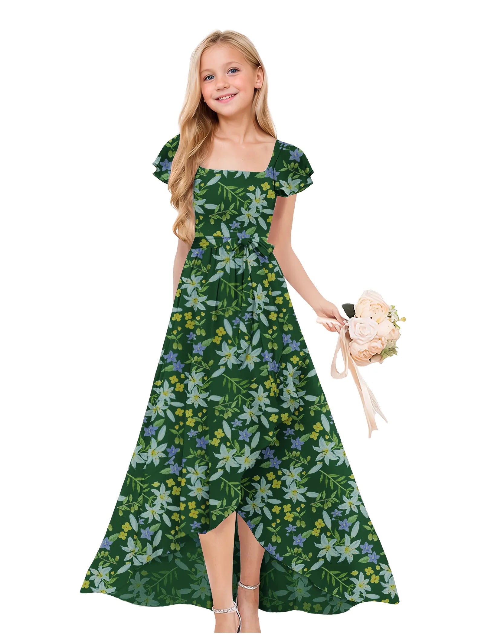 Square Neck Junior Bridesmaid Dress with Garden Print