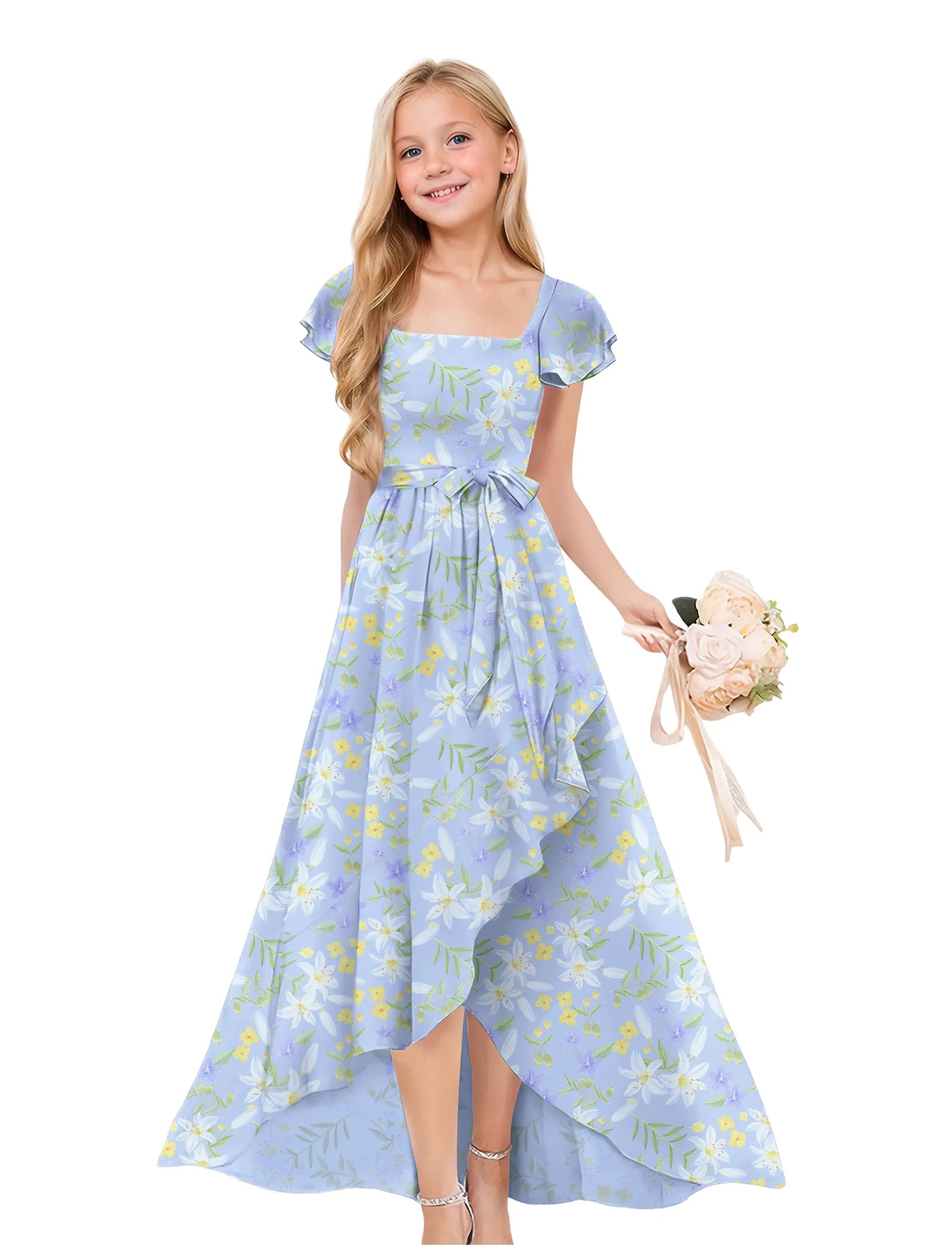 Square Neck Junior Bridesmaid Dress with Garden Print