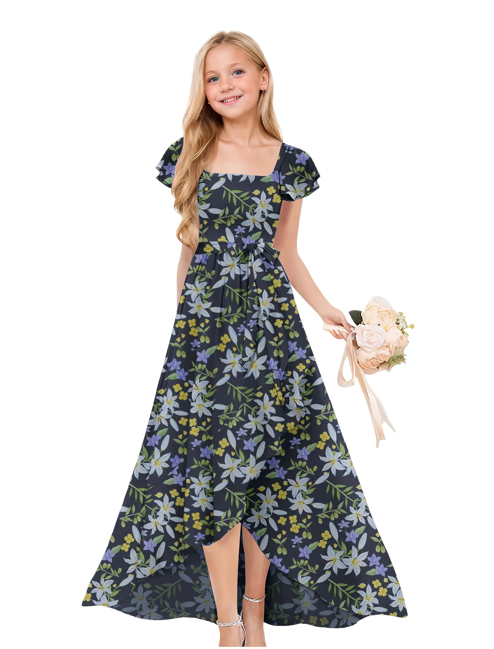 Square Neck Junior Bridesmaid Dress with Garden Print