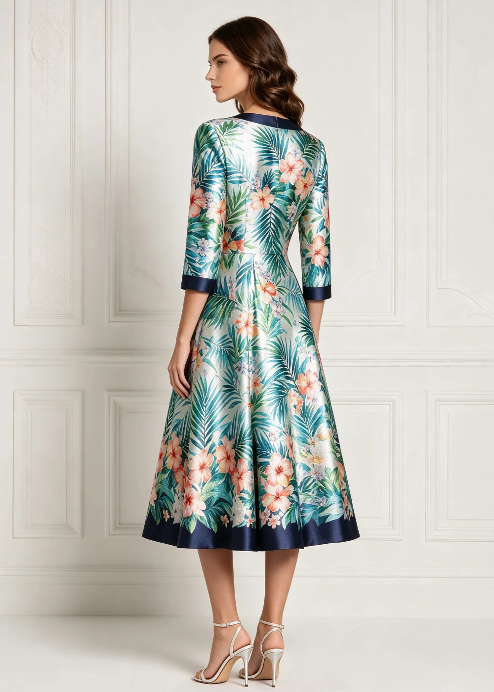 Tropical Floral Contrast-Trim Wrap Midi Dress