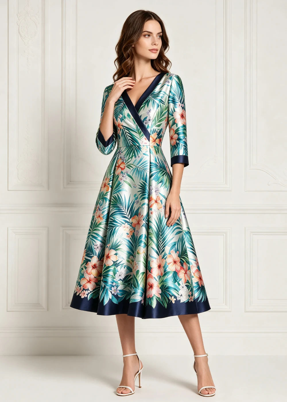 Tropical Floral Contrast-Trim Wrap Midi Dress