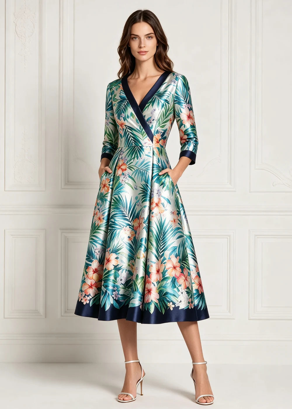 Tropical Floral Contrast-Trim Wrap Midi Dress