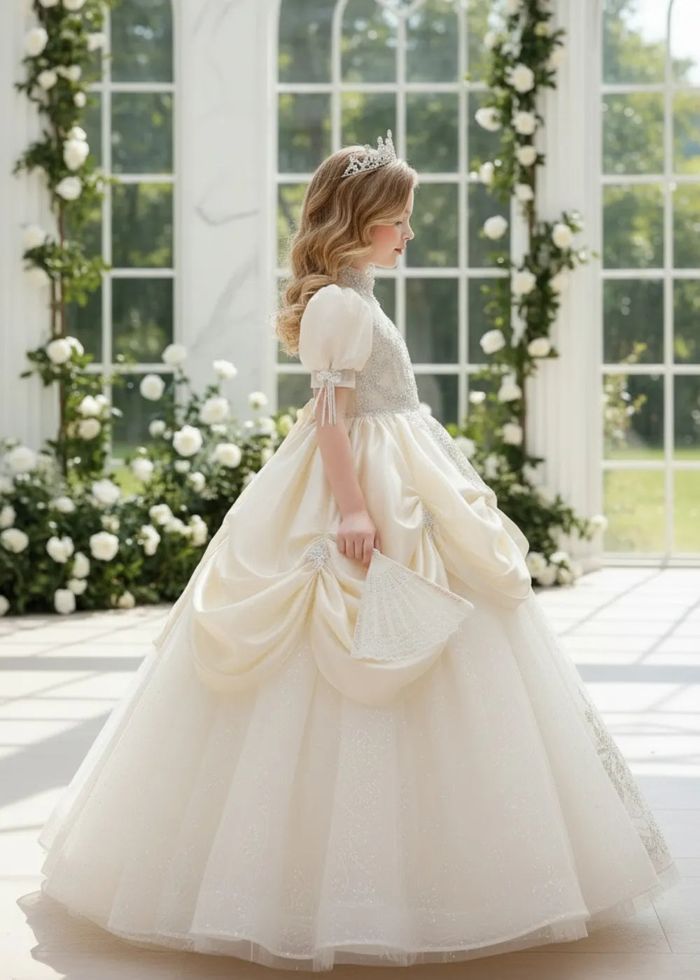 Girls Luxury Pageant Dress with Puff Sleeves