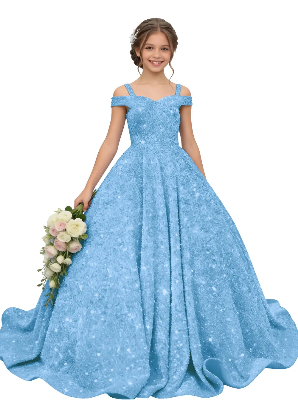 Celeste Sparkle Off-Shoulder Flower Girl Ball Gown