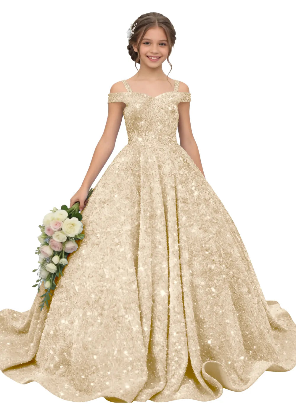 Celeste Sparkle Off-Shoulder Flower Girl Ball Gown