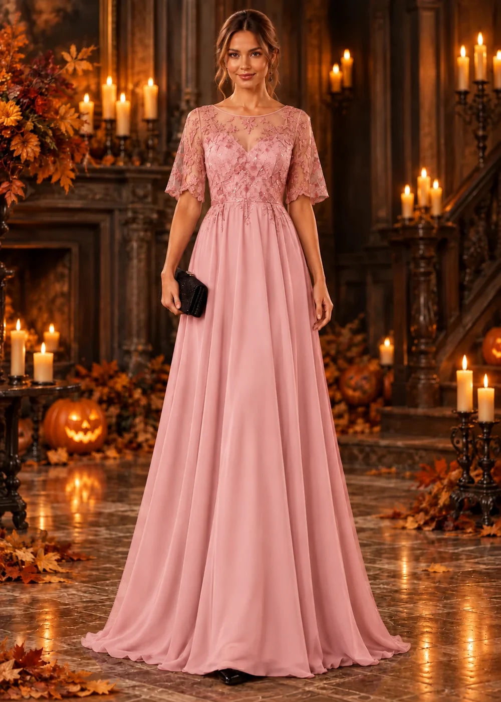 Front view of the blush pink evening gown with an illusion flutter-sleeve bodice and a tonal lace chiffon skirt.